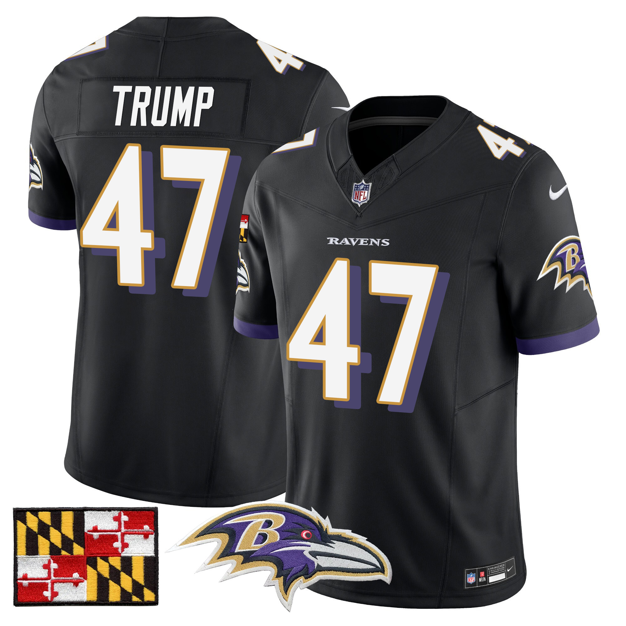 Men's Donald Trump Baltimore Ravens 2024 Maryland Flag Vapor Limited Black Jersey - All Stitched