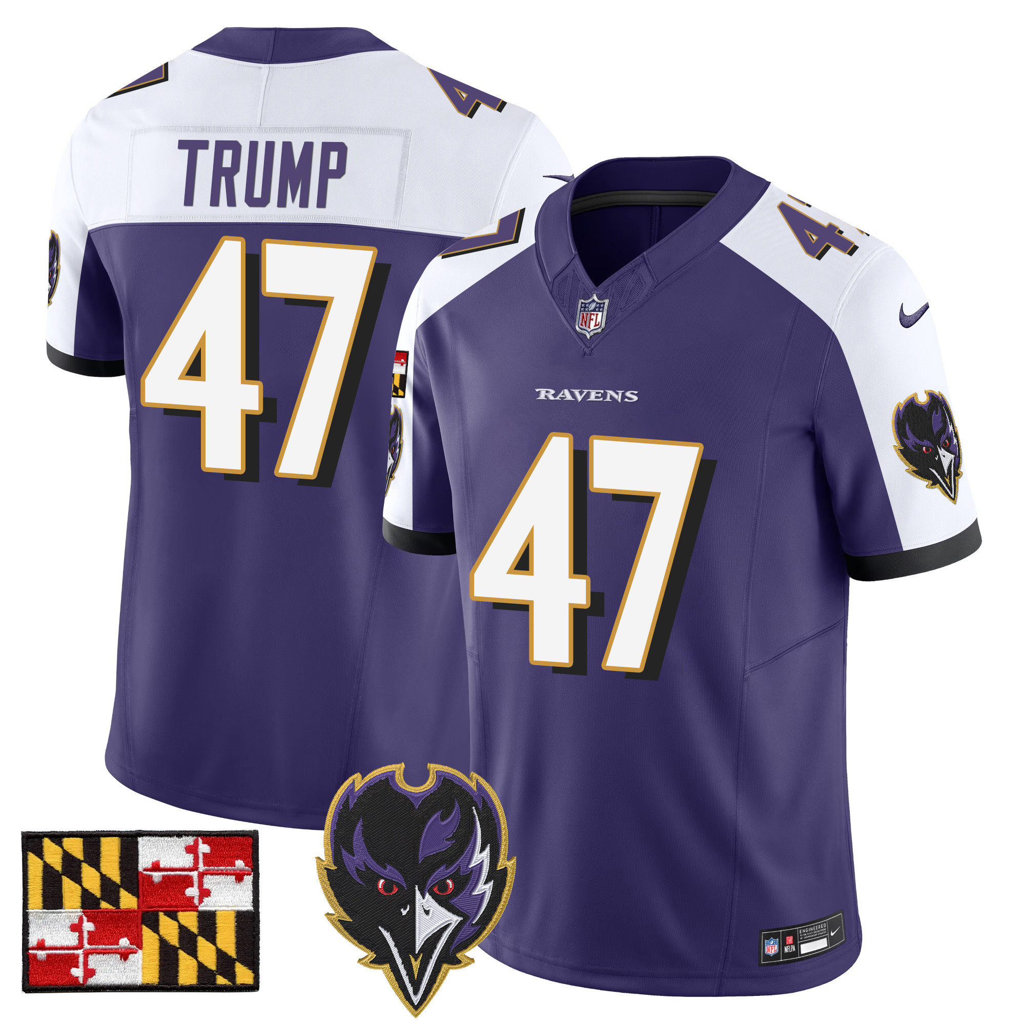 Men's Donald Trump Baltimore Ravens 2024 Maryland Flag Vapor Limited Purple Alternate Jersey - All Stitched
