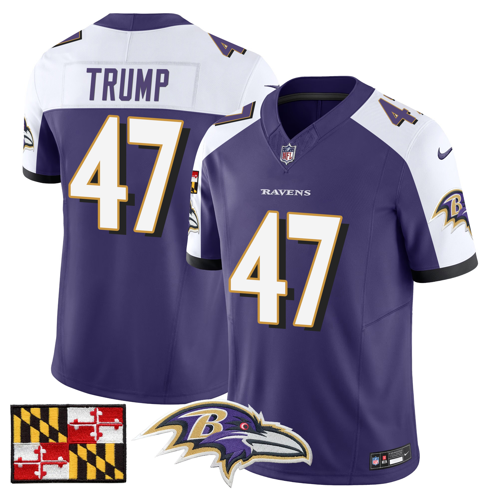 Men's Donald Trump Baltimore Ravens 2024 Maryland Flag Vapor Limited Purple Alternate Jersey - All Stitched