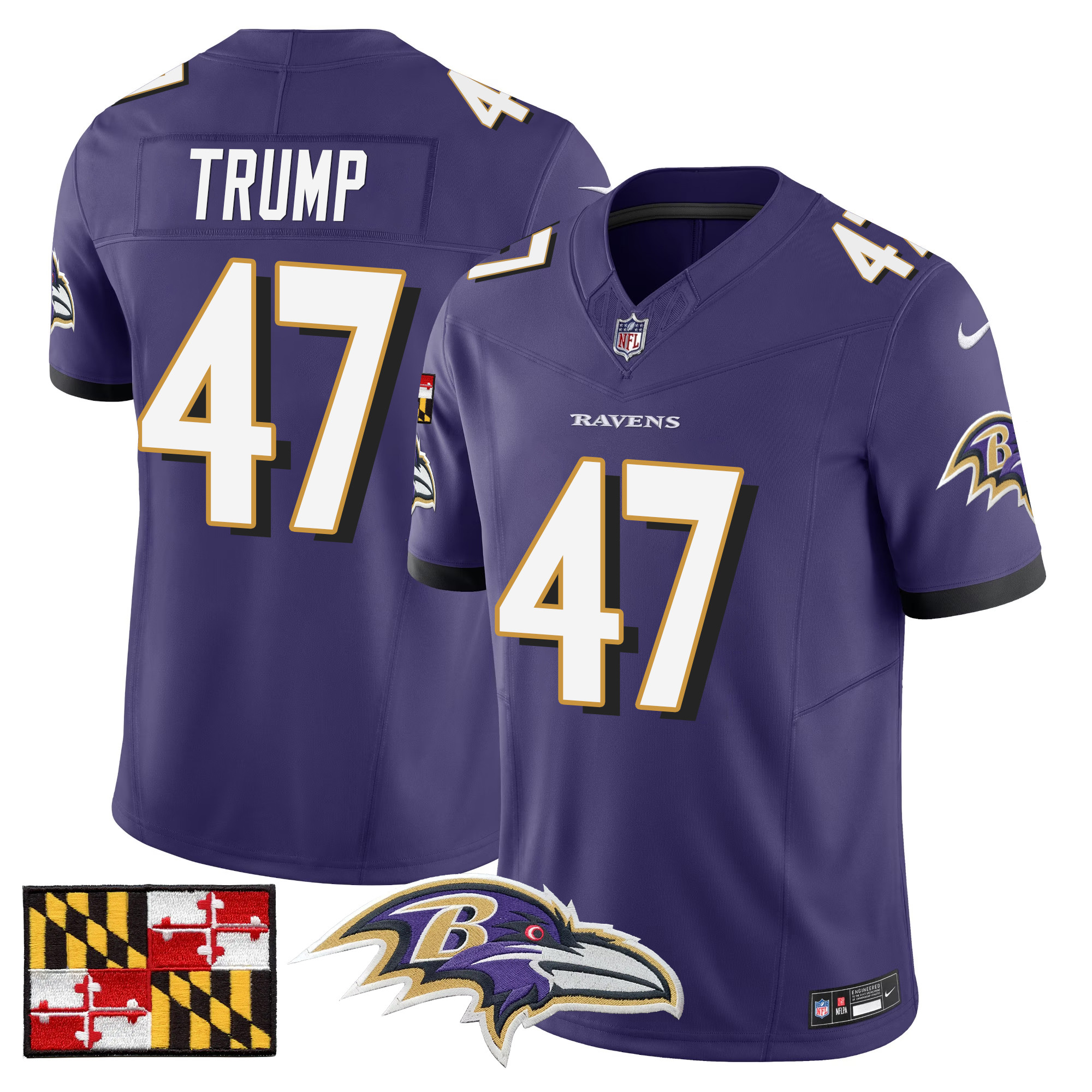 Men's Donald Trump Baltimore Ravens 2024 Maryland Flag Vapor Limited Purple Jersey - All Stitched