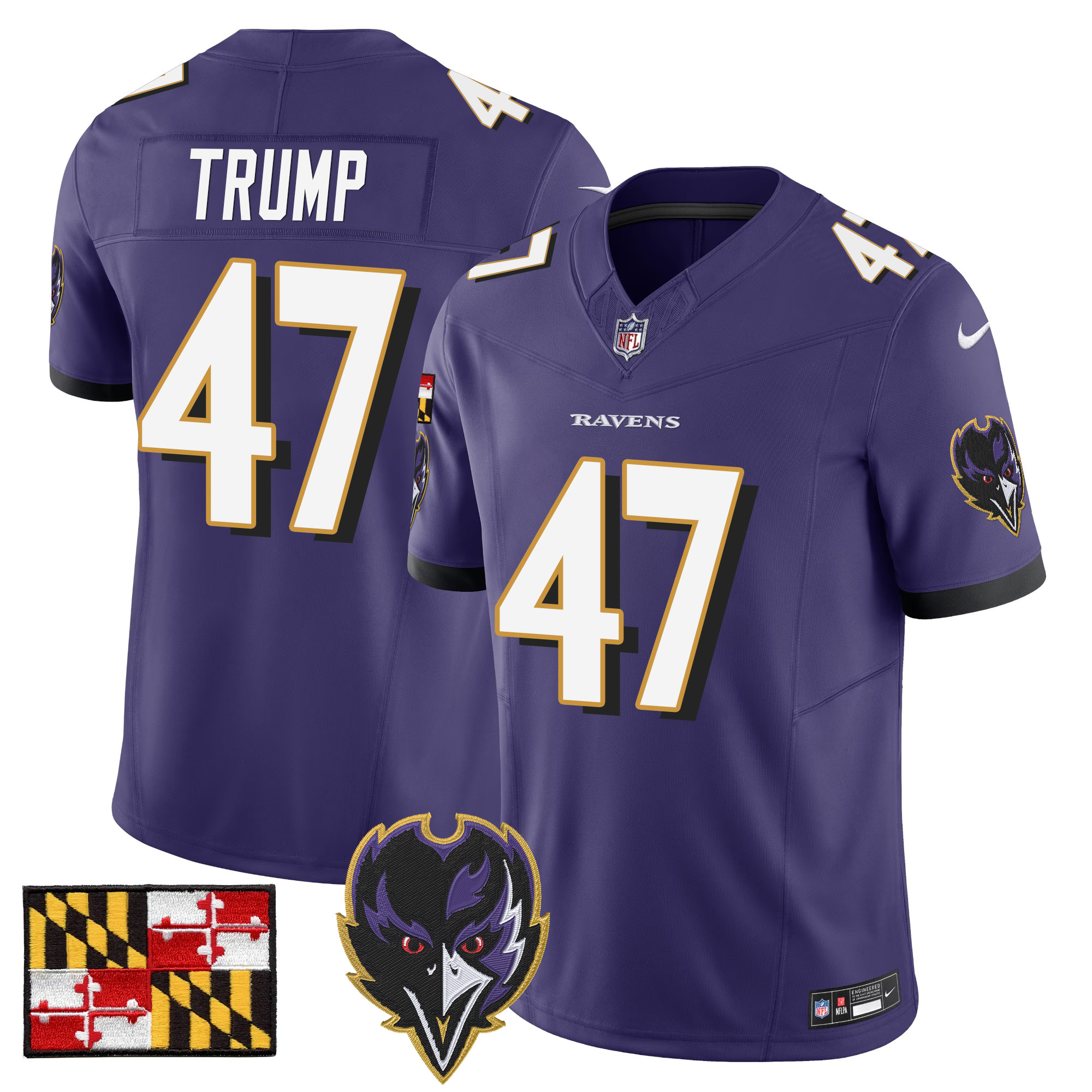 Men's Donald Trump Baltimore Ravens 2024 Maryland Flag Vapor Limited Purple Jersey - All Stitched