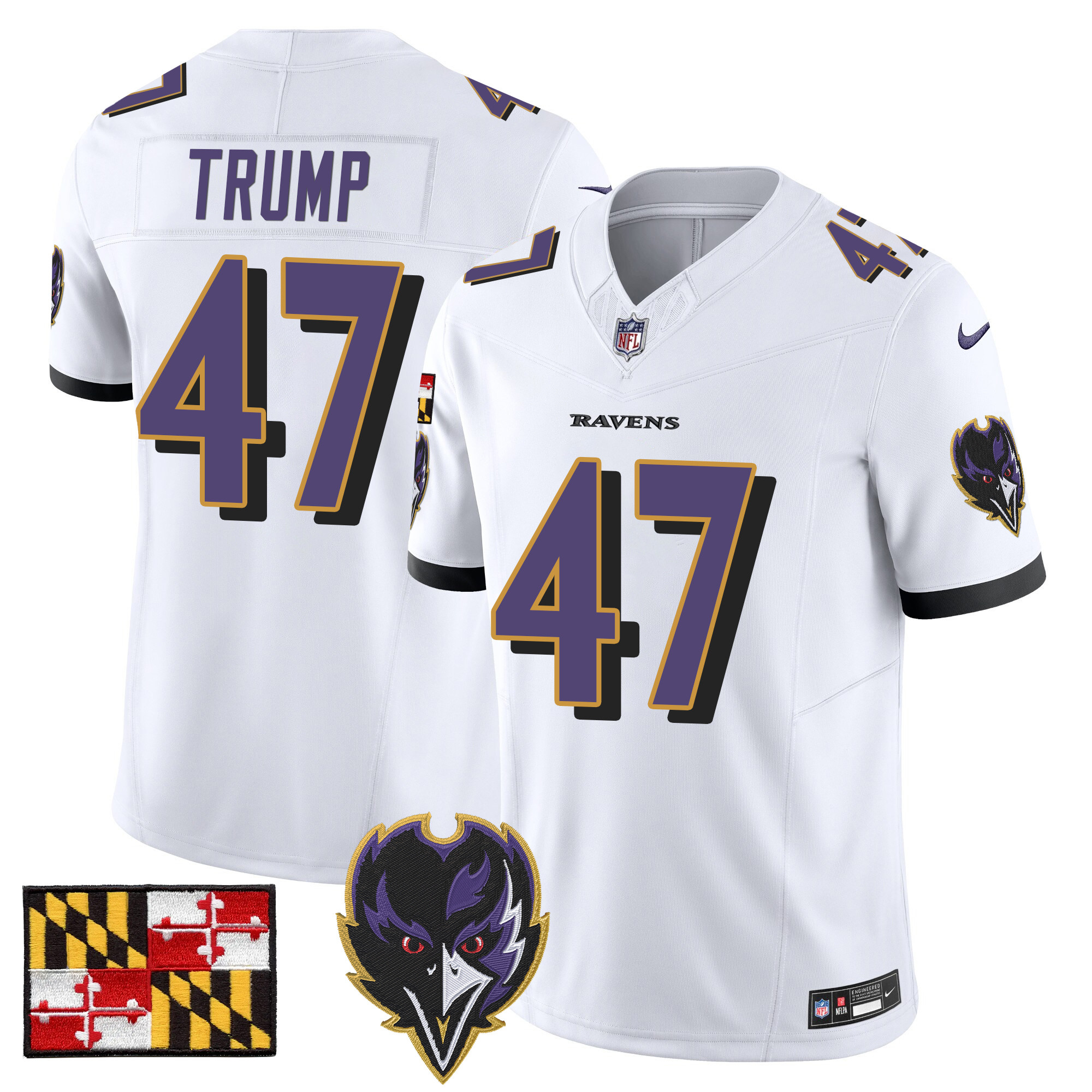 Men's Donald Trump Baltimore Ravens 2024 Maryland Flag Vapor Limited White Jersey - All Stitched