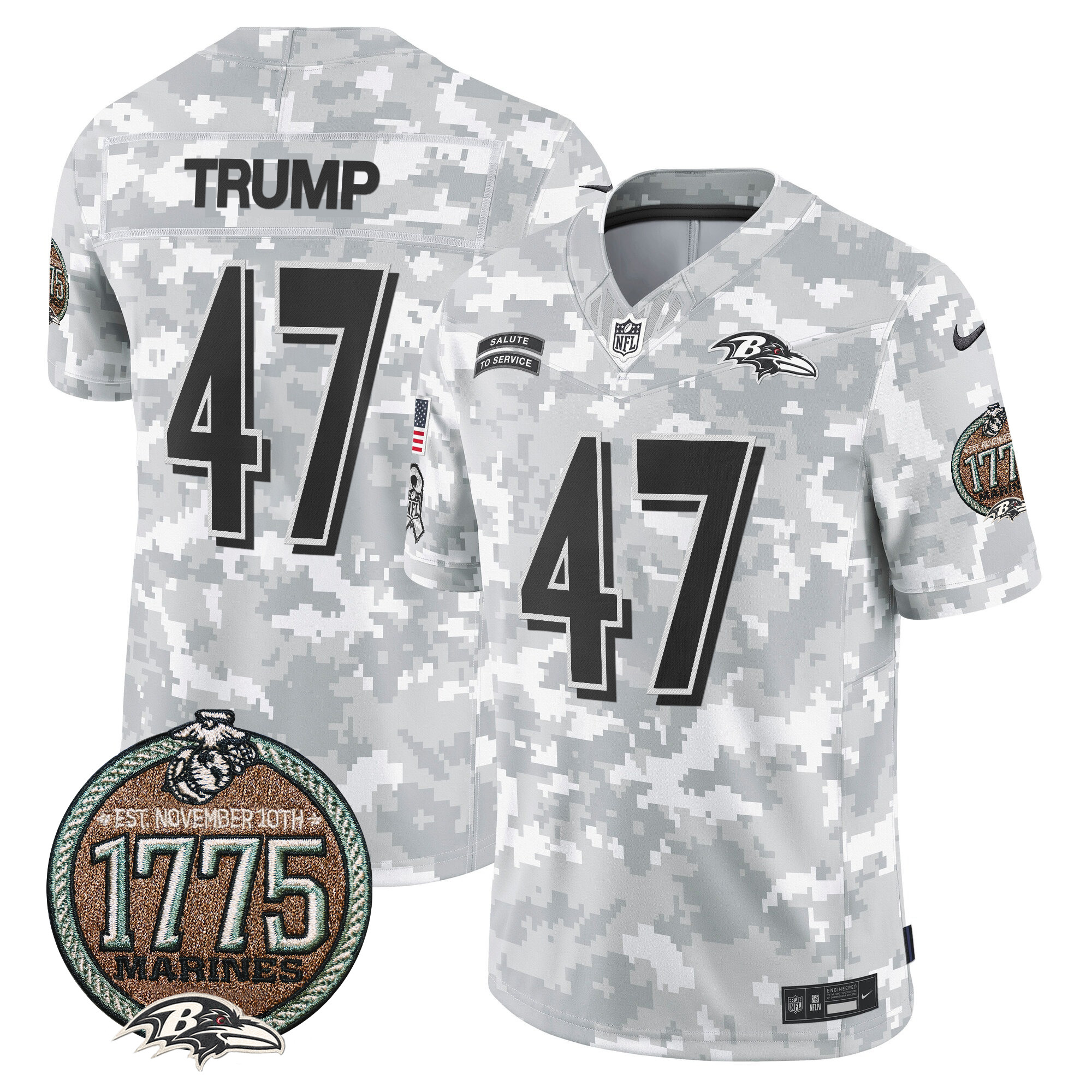 Men's Donald Trump Baltimore Ravens 2024 Salute to Service Establishment Year Patch Vapor Limited Marines Jersey - All Stitched
