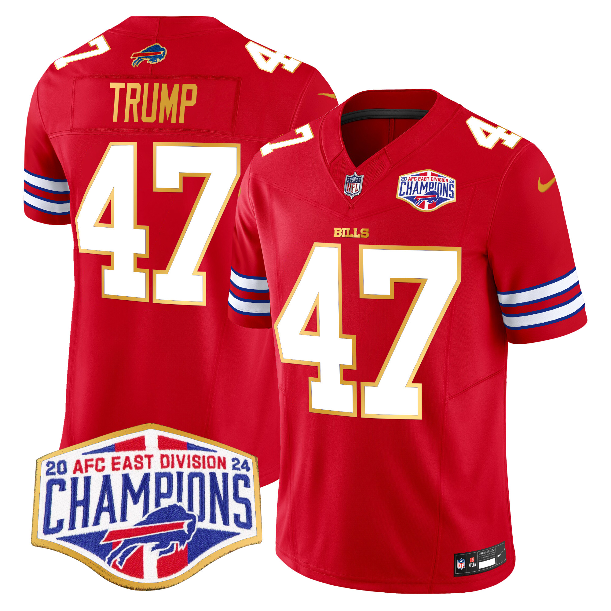 Men's Donald Trump Buffalo Bills 2024 AFC East Division Champions Gold Trim Vapor Limited Red Jersey - All Stitched