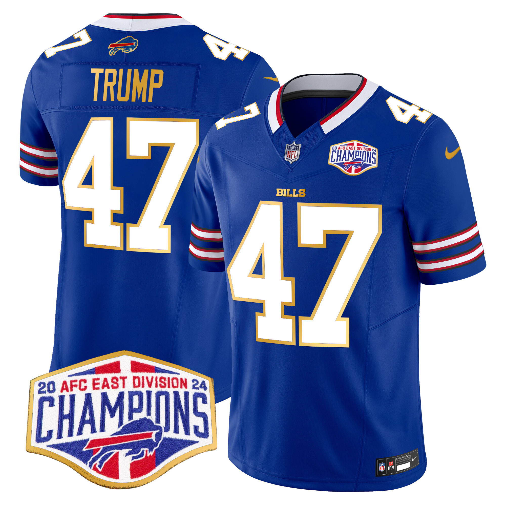 Men's Donald Trump Buffalo Bills 2024 AFC East Division Champions Gold Trim Vapor Limited Royal Jersey - All Stitched