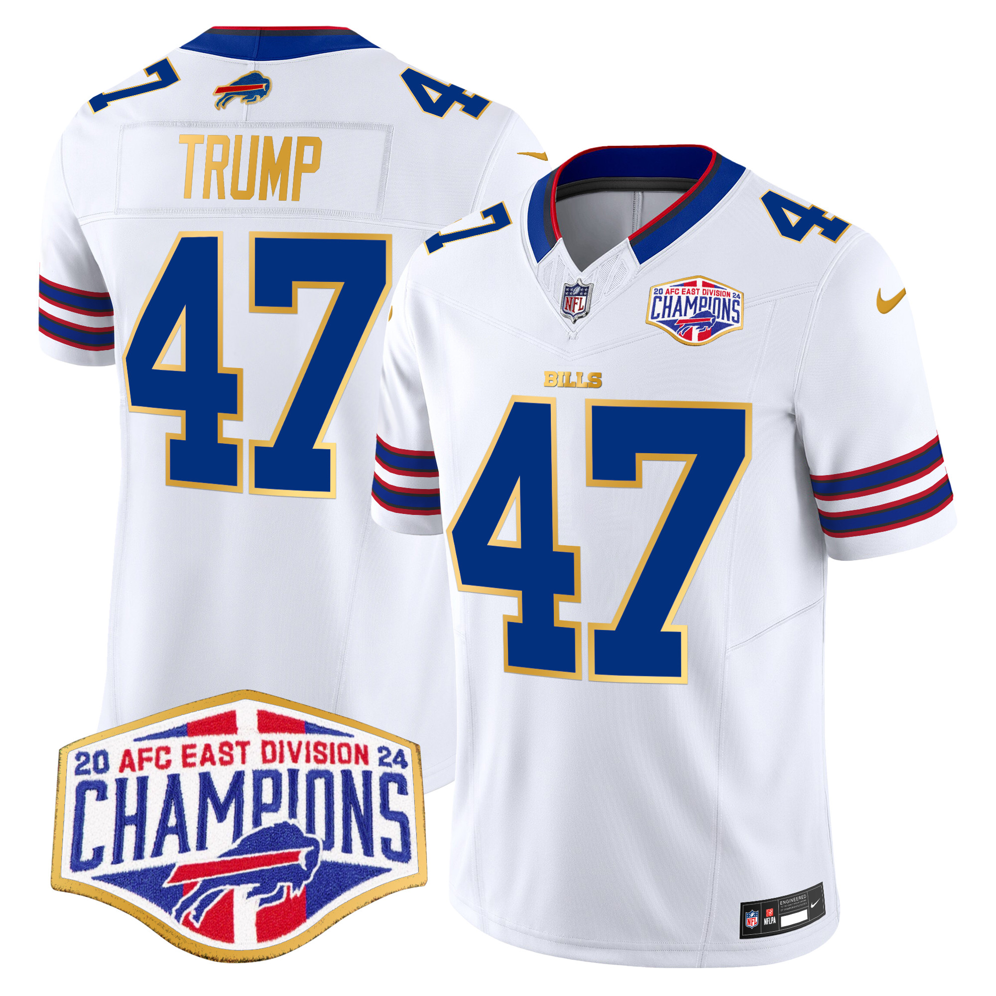 Men's Donald Trump Buffalo Bills 2024 AFC East Division Champions Gold Trim Vapor Limited White Jersey - All Stitched