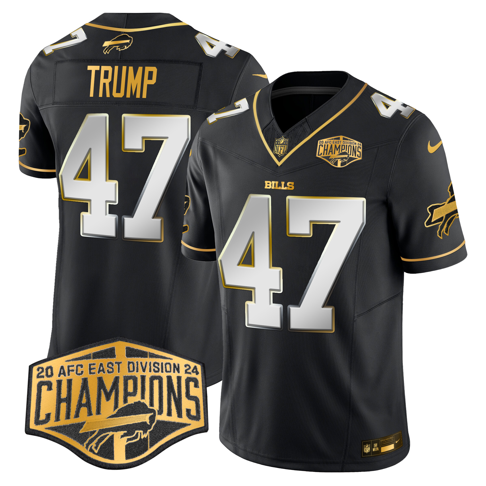 Men's Donald Trump Buffalo Bills 2024 AFC East Division Champions Gold Vapor Limited Black Limited Jersey - All Stitched