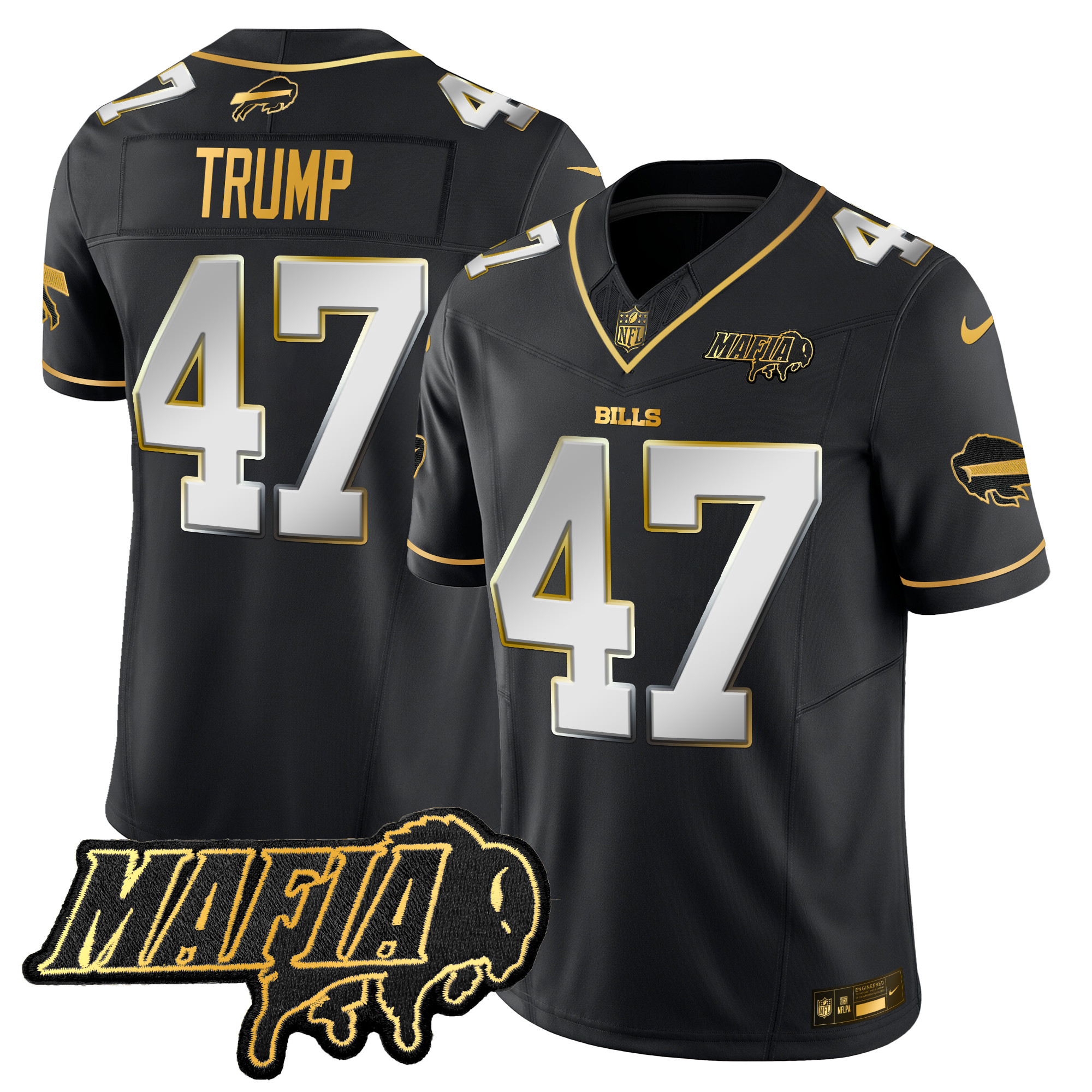 Men's Donald Trump Buffalo Bills 2024 Buffalo Bills Mafia Patch Gold Vapor Limited Black Limited Jersey - All Stitched