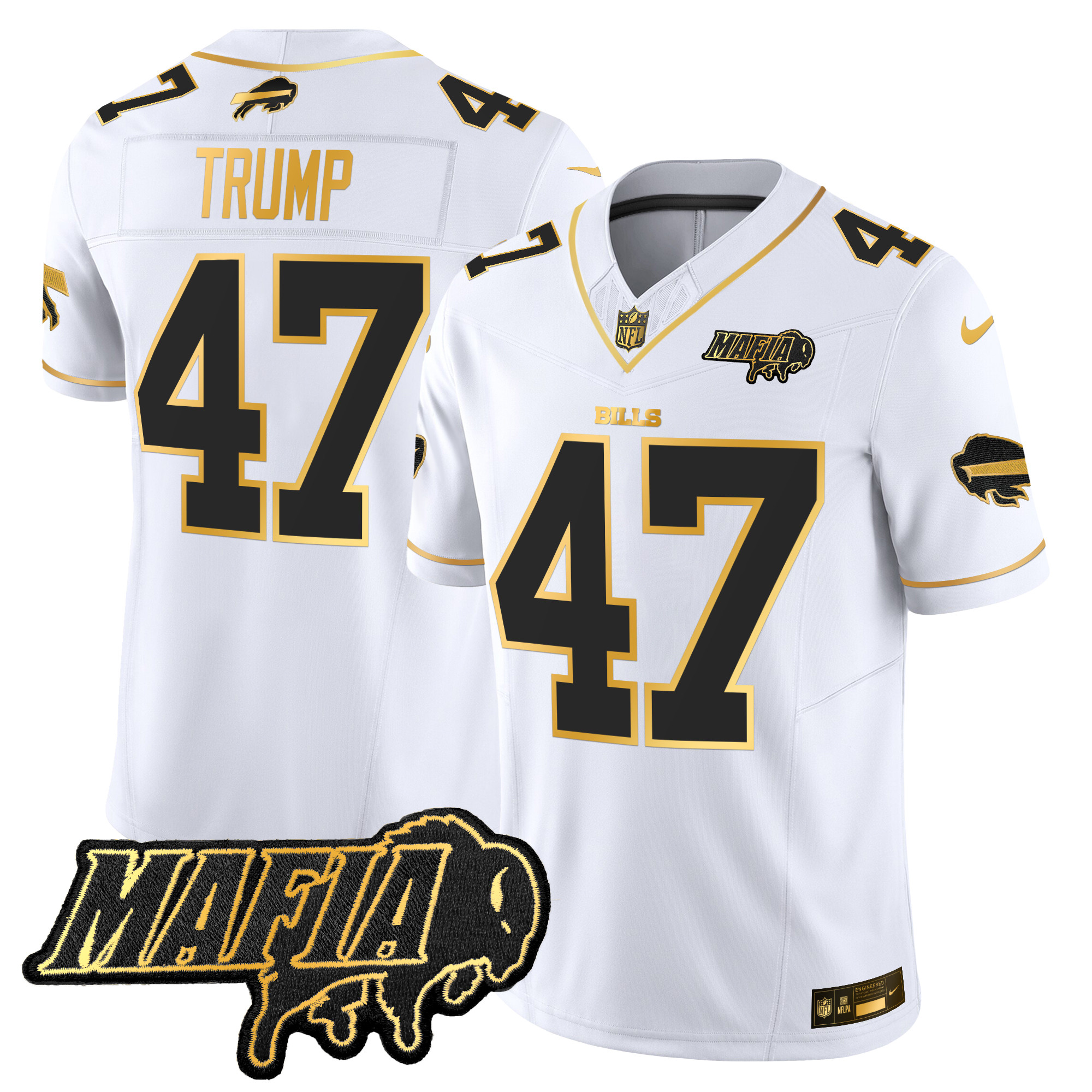 Men's Donald Trump Buffalo Bills 2024 Buffalo Bills Mafia Patch Gold Vapor Limited White Gold Jersey - All Stitched