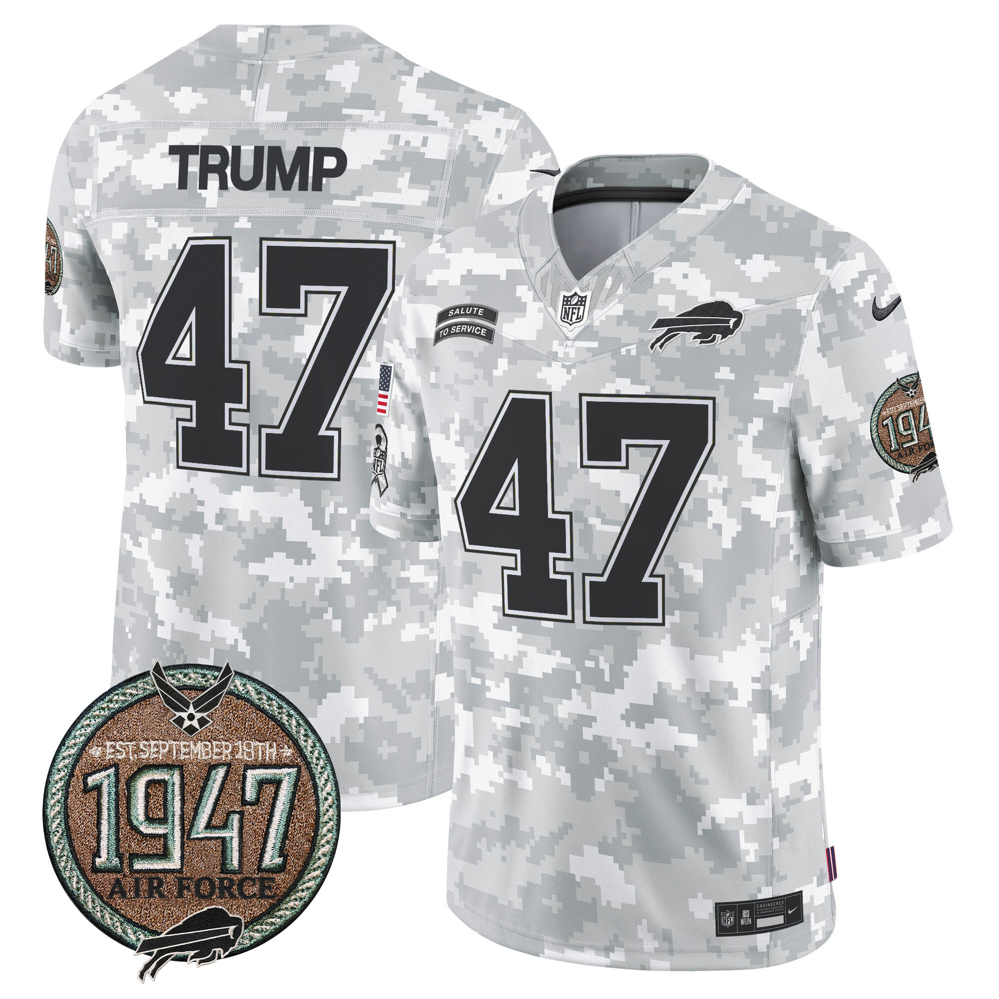 Men's Donald Trump Buffalo Bills 2024 Salute to Service Establishment Year Patch Vapor Limited Air Force Jersey - All Stitched