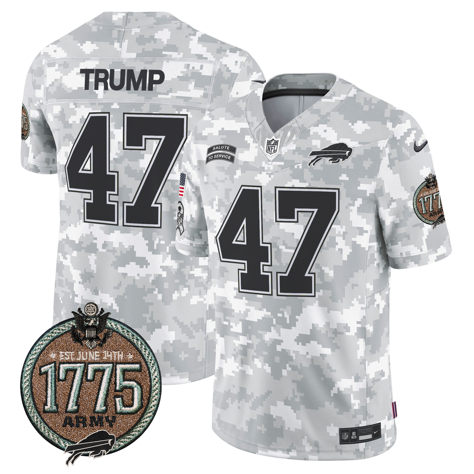 Men's Donald Trump Buffalo Bills 2024 Salute to Service Establishment Year Patch Vapor Limited Army Jersey - All Stitched