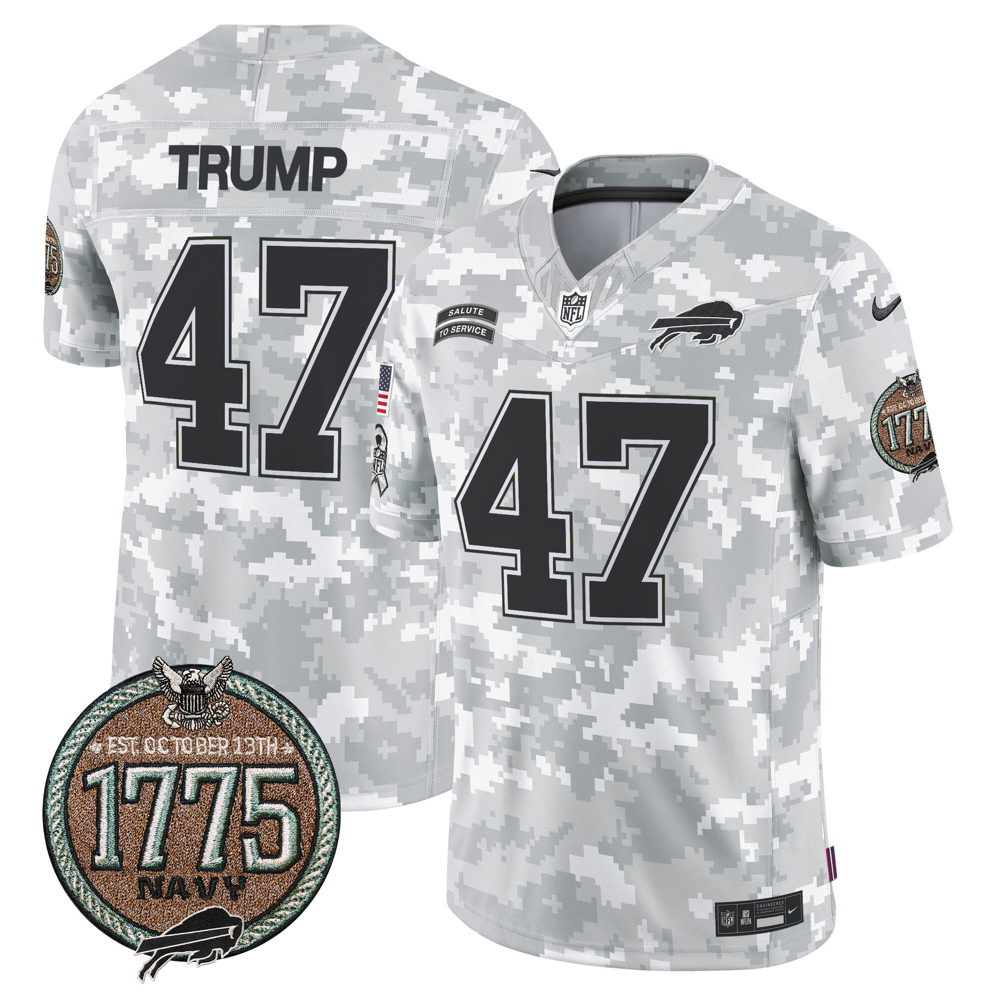 Men's Donald Trump Buffalo Bills 2024 Salute to Service Establishment Year Patch Vapor Limited Navy Jersey - All Stitched