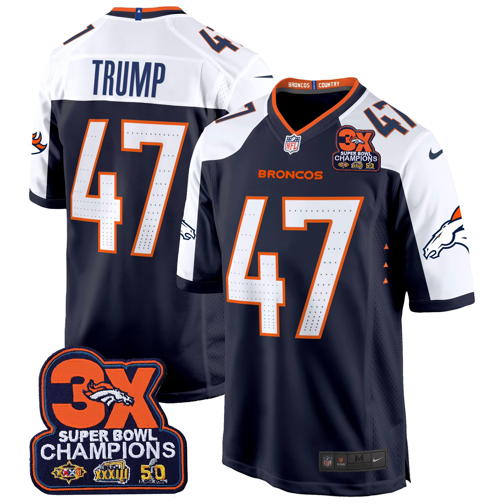 Men's Donald Trump Denver Broncos 3-Time Champions Patch Game Navy Alternate Jersey - All Stitched