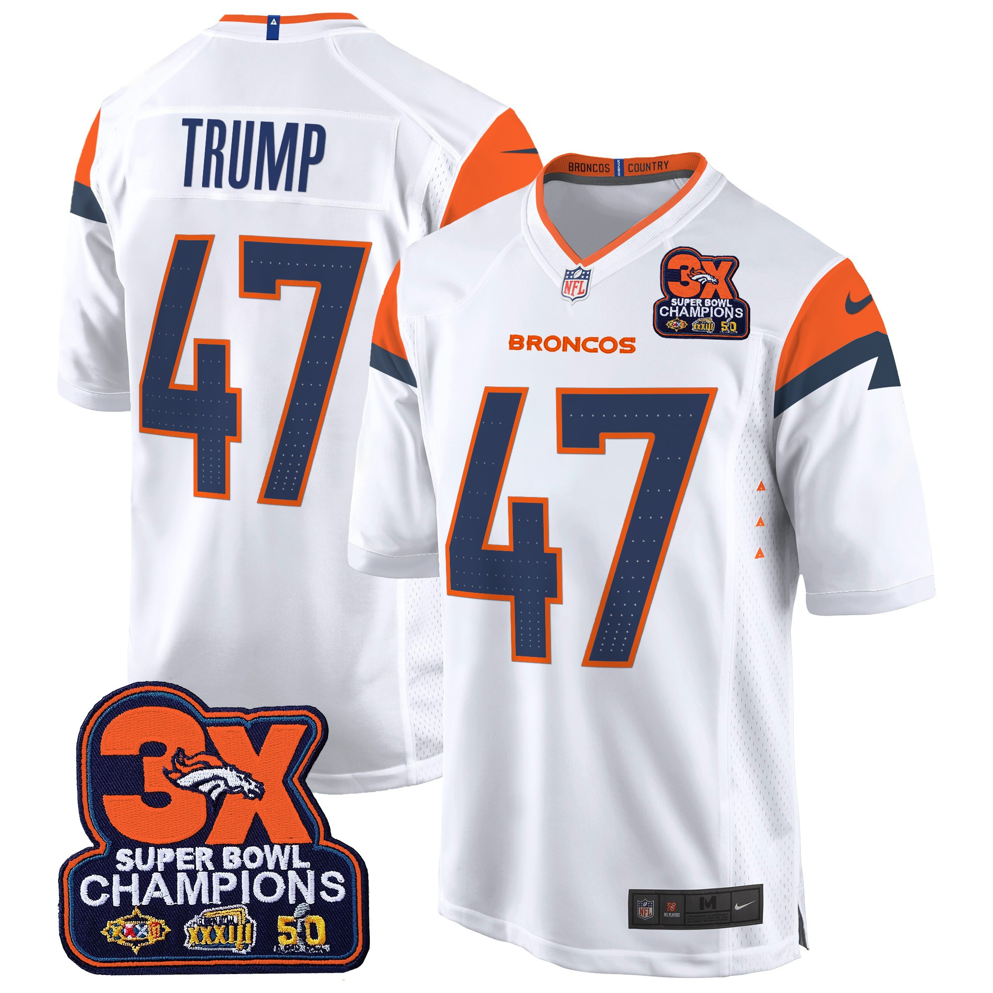 Men's Donald Trump Denver Broncos 3-Time Champions Patch Game White Jersey - All Stitched