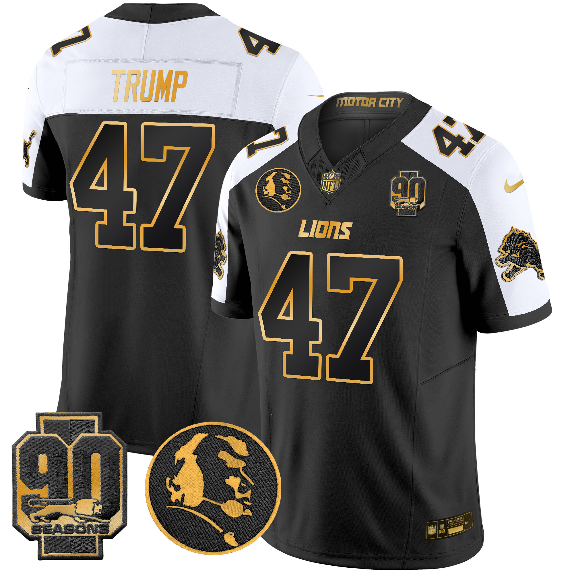 Men's Donald Trump Detroit Lions 2024 90th & John Madden Patch Gold Vapor Limited Alternate Jersey - All Stitched