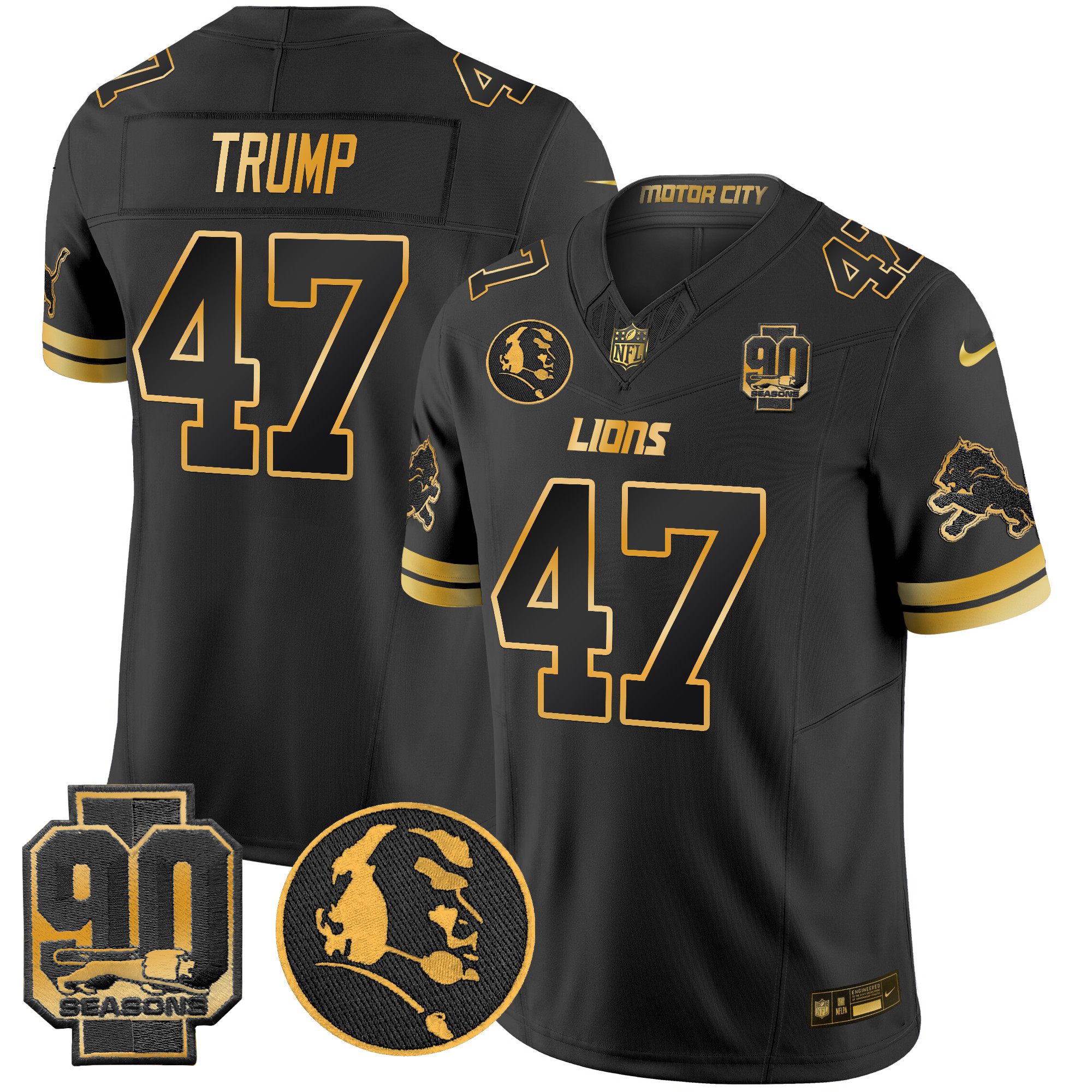 Men's Donald Trump Detroit Lions 2024 90th & John Madden Patch Gold Vapor Limited Black Gold Jersey - All Stitched