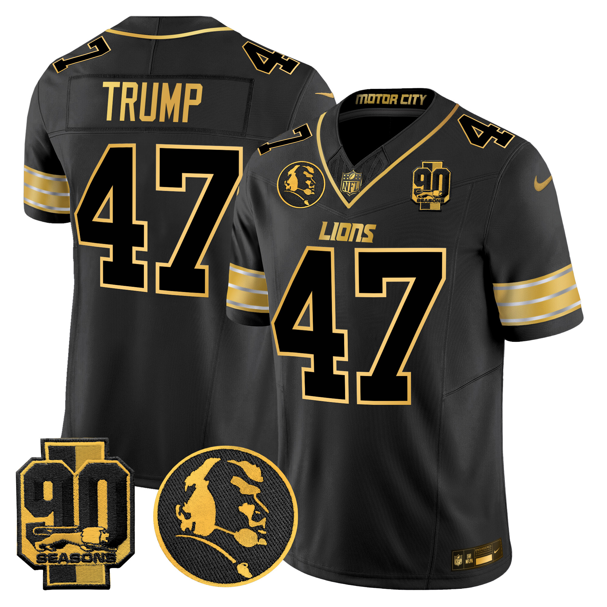 Men's Donald Trump Detroit Lions 2024 90th & John Madden Patch Gold Vapor Limited Black Gold Jersey - All Stitched