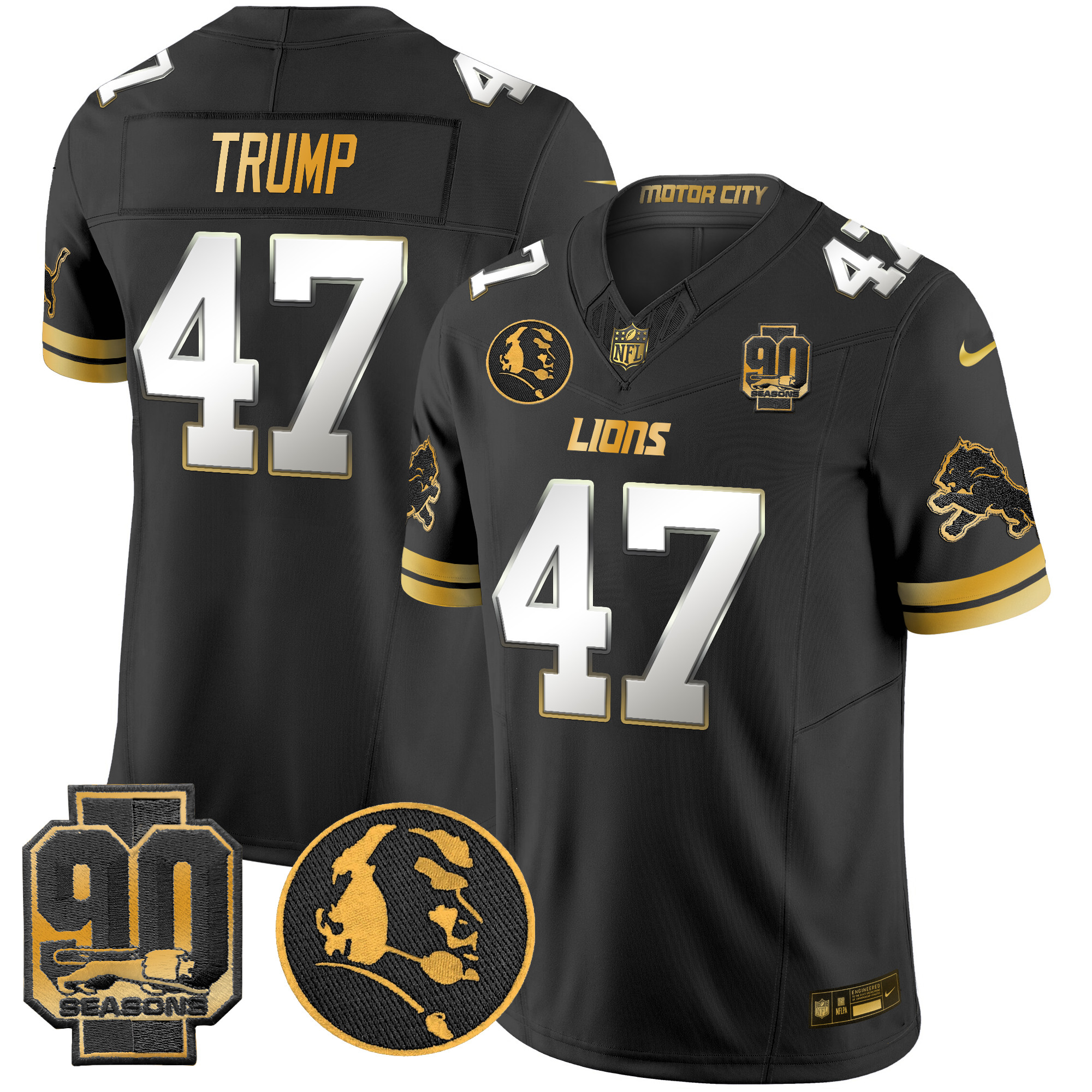 Men's Donald Trump Detroit Lions 2024 90th & John Madden Patch Gold Vapor Limited Black Limited Jersey - All Stitched