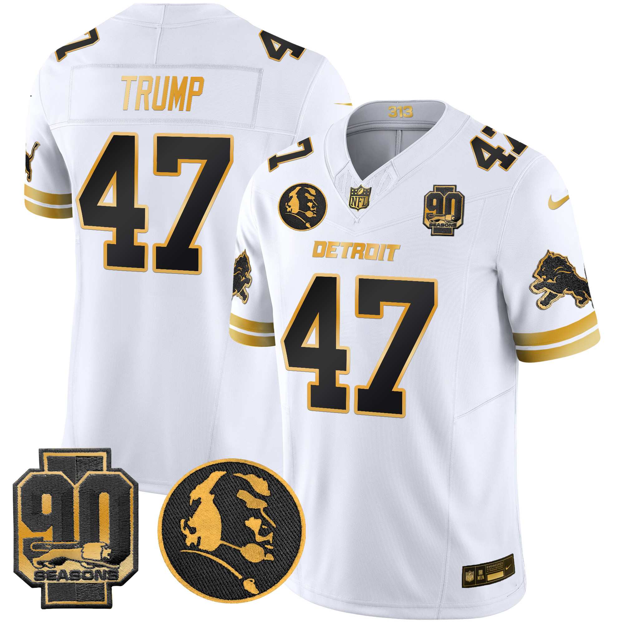 Men's Donald Trump Detroit Lions 2024 90th & John Madden Patch Gold Vapor Limited White Gold Jersey - All Stitched