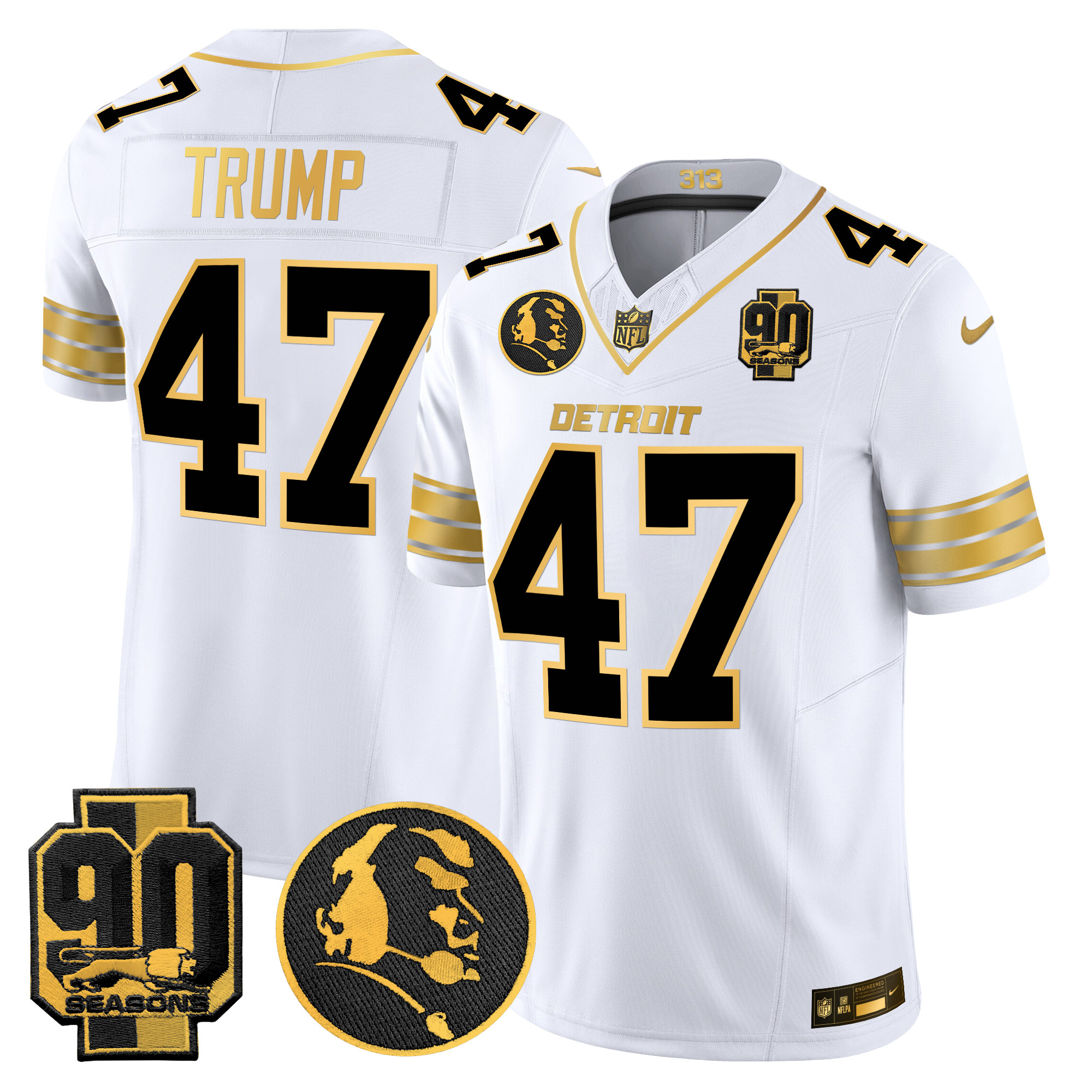 Men's Donald Trump Detroit Lions 2024 90th & John Madden Patch Gold Vapor Limited White Gold Jersey - All Stitched