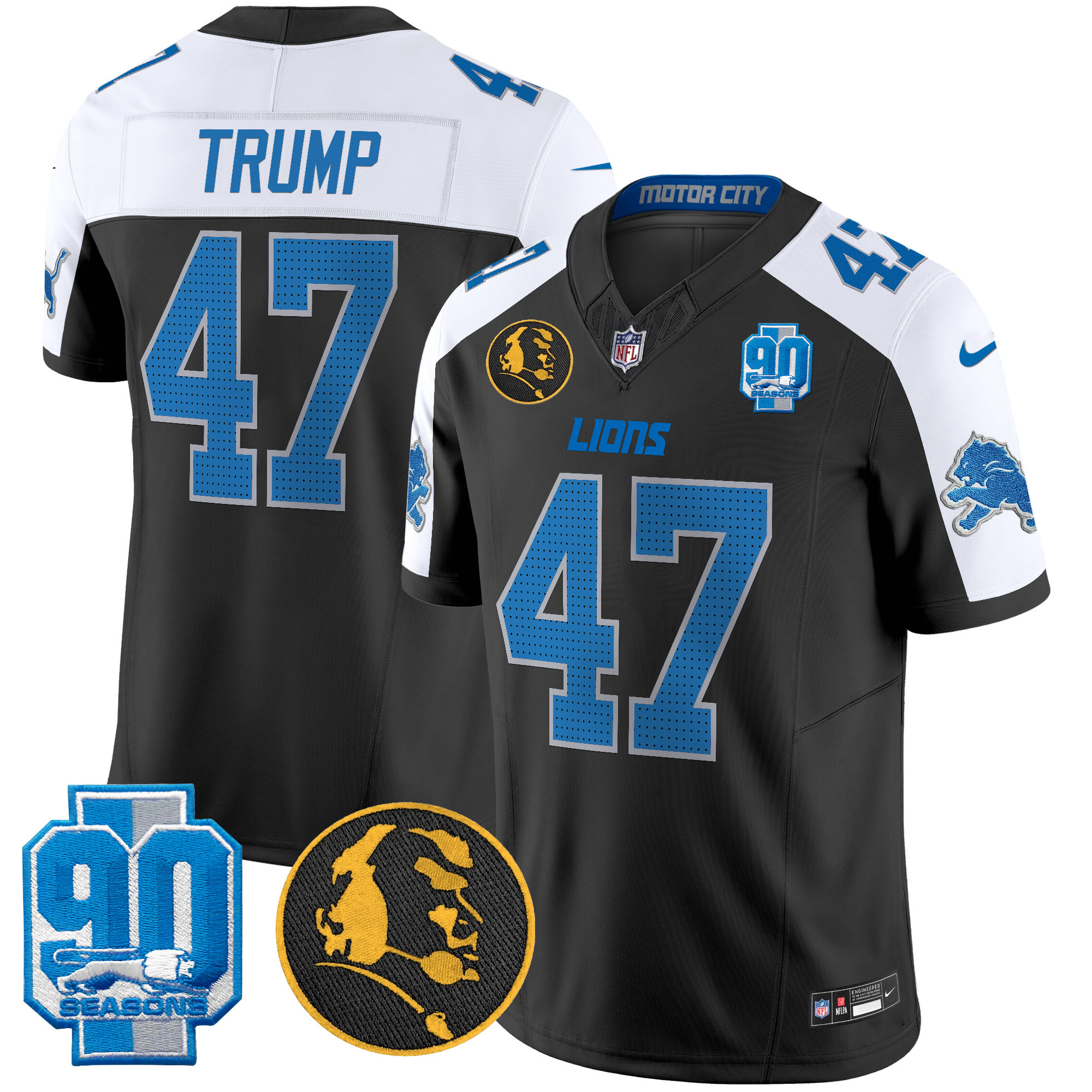 Men's Donald Trump Detroit Lions 2024 90th & John Madden Patch Vapor Limited Black Alternate Jersey - All Stitched