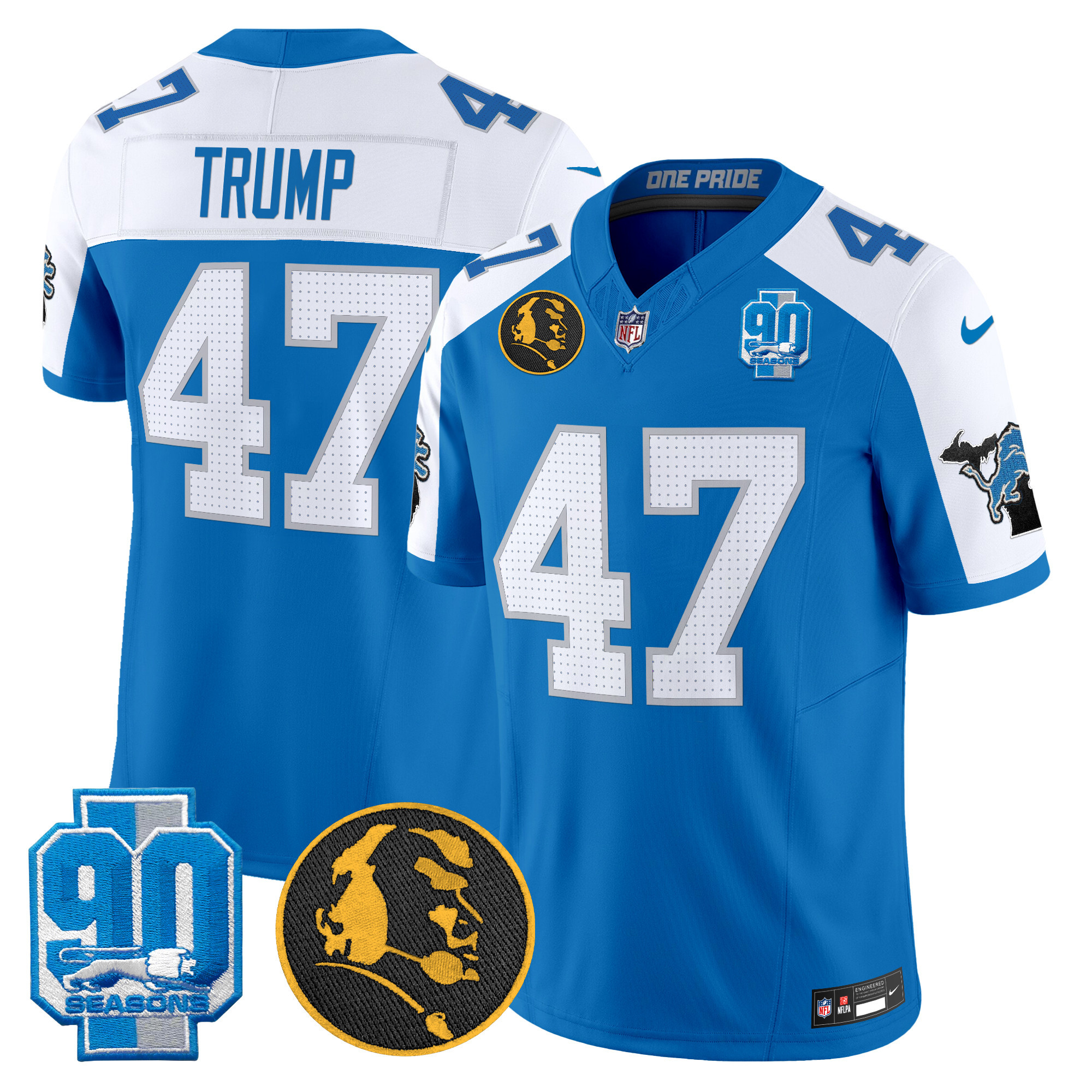 Men's Donald Trump Detroit Lions 2024 90th & John Madden Patch Vapor Limited Blue Alternate Jersey - All Stitched