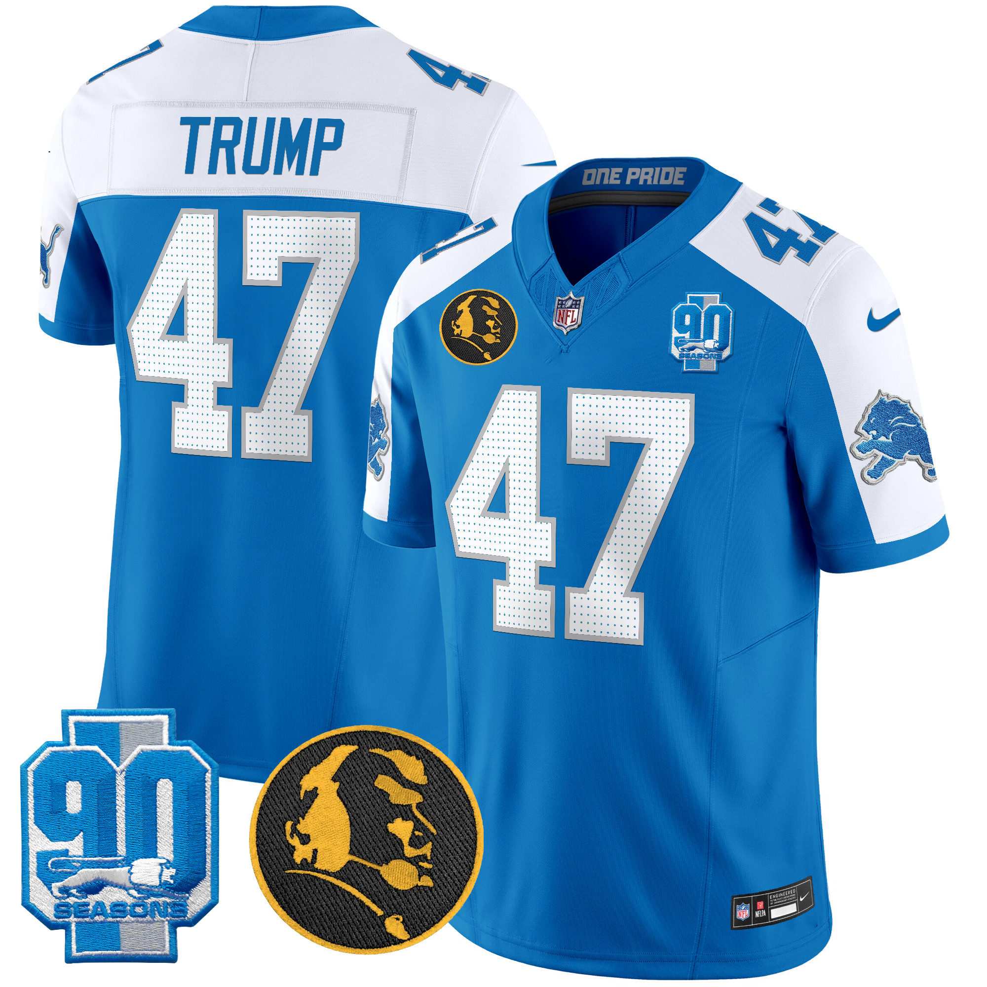 Men's Donald Trump Detroit Lions 2024 90th & John Madden Patch Vapor Limited Blue Alternate Jersey - All Stitched