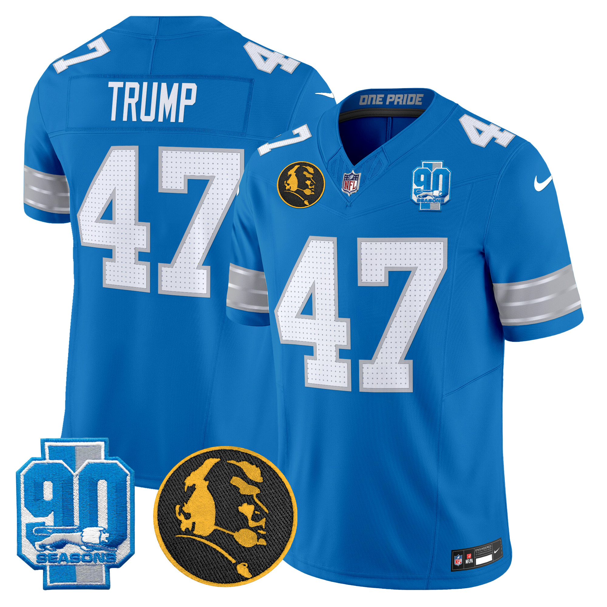 Men's Donald Trump Detroit Lions 2024 90th & John Madden Patch Vapor Limited Blue Jersey - All Stitched