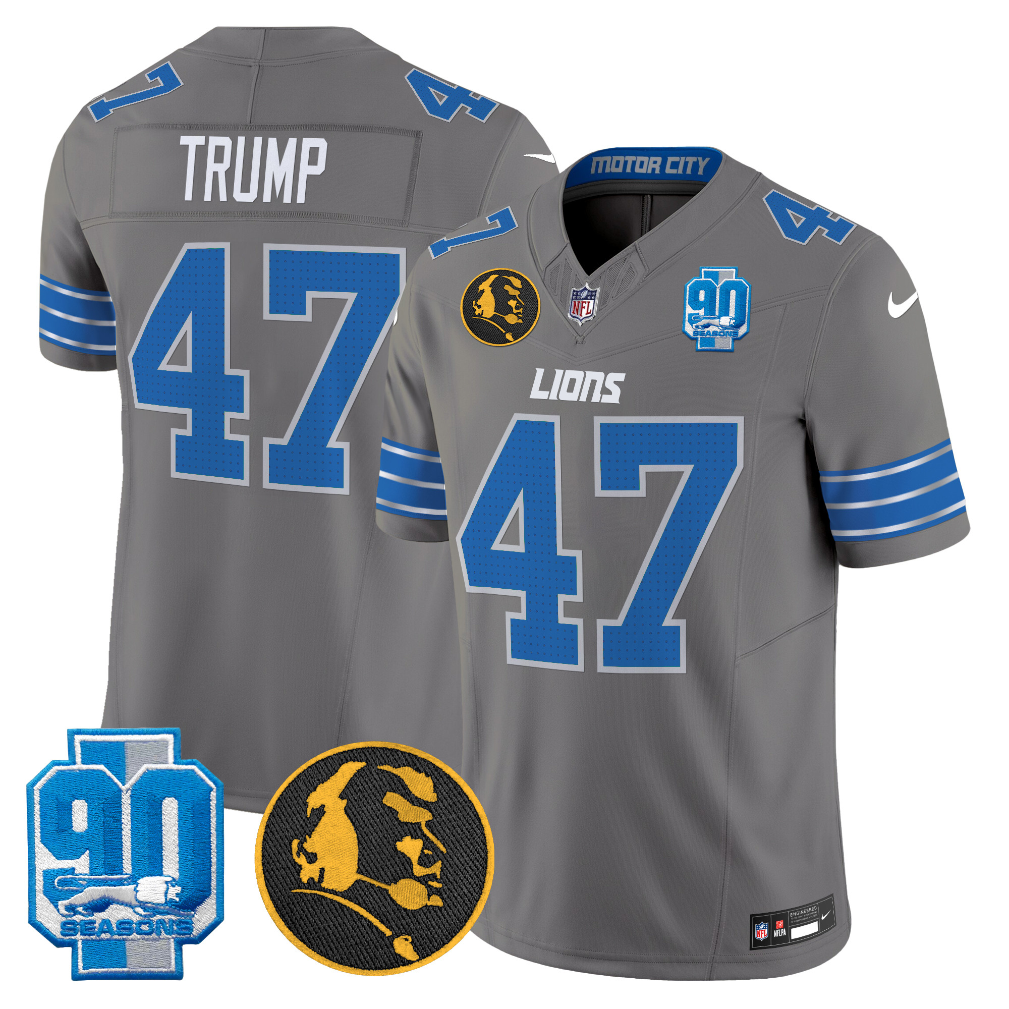 Men's Donald Trump Detroit Lions 2024 90th & John Madden Patch Vapor Limited Gray Jersey - All Stitched