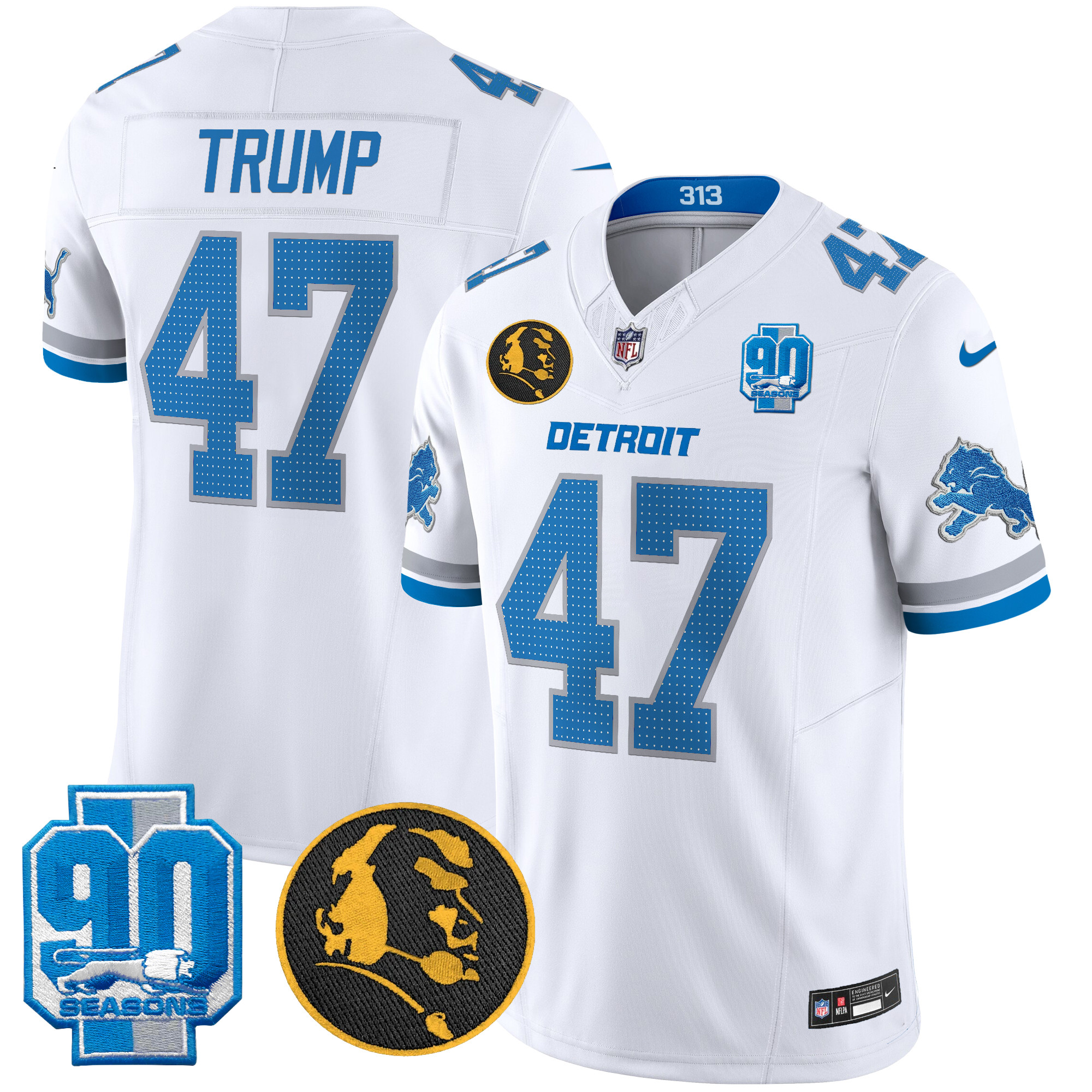 Men's Donald Trump Detroit Lions 2024 90th & John Madden Patch Vapor Limited White Jersey - All Stitched