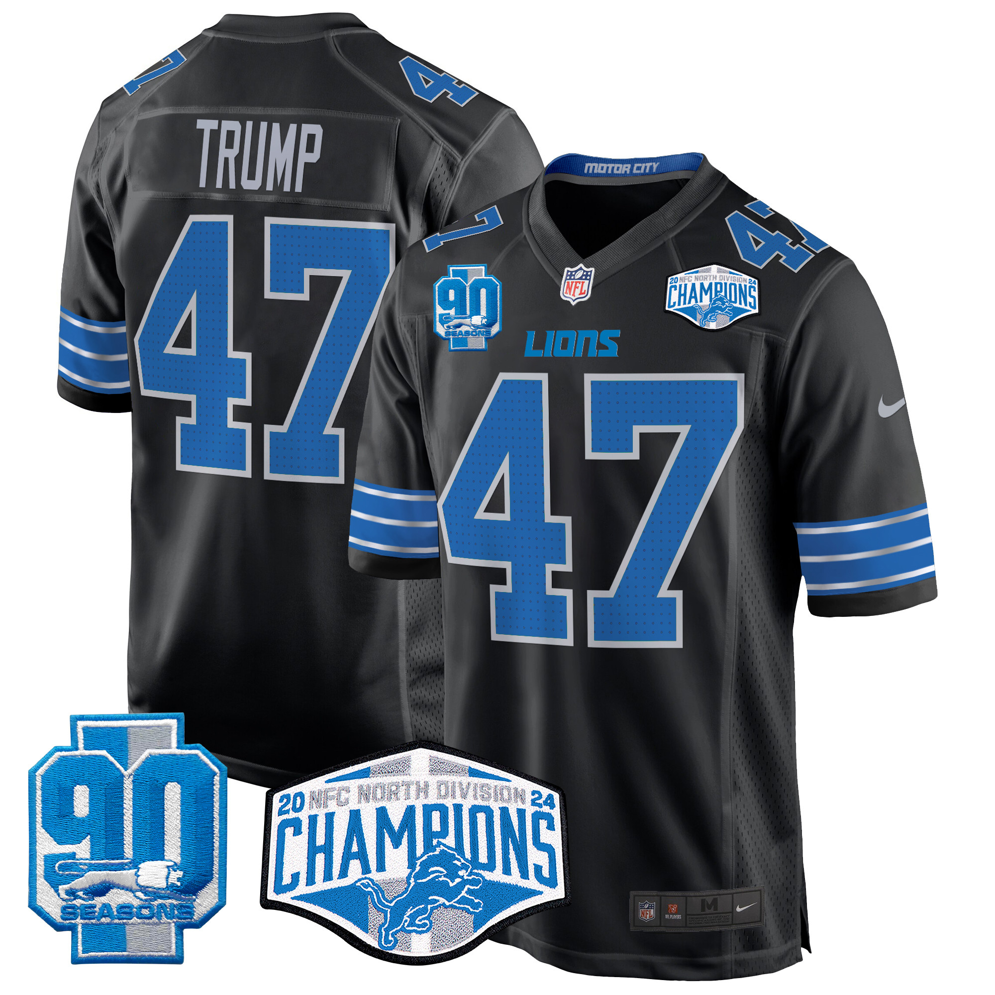 Men's Donald Trump Detroit Lions 2024 NFC North Division Champions Patch Game Black Jersey - All Stitched