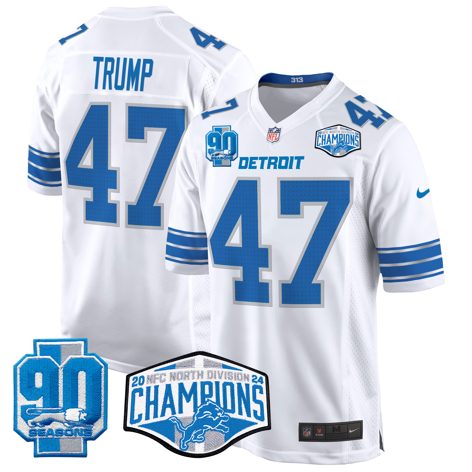 Men's Donald Trump Detroit Lions 2024 NFC North Division Champions Patch Game White Jersey - All Stitched