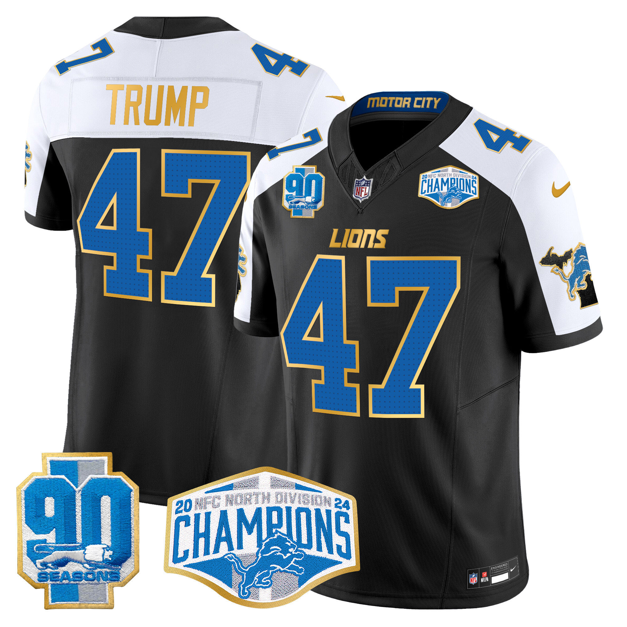 Men's Donald Trump Detroit Lions 2024 NFC North Division Champions Patch Gold Trim Vapor Limited Black Alternate Jersey - All Stitched