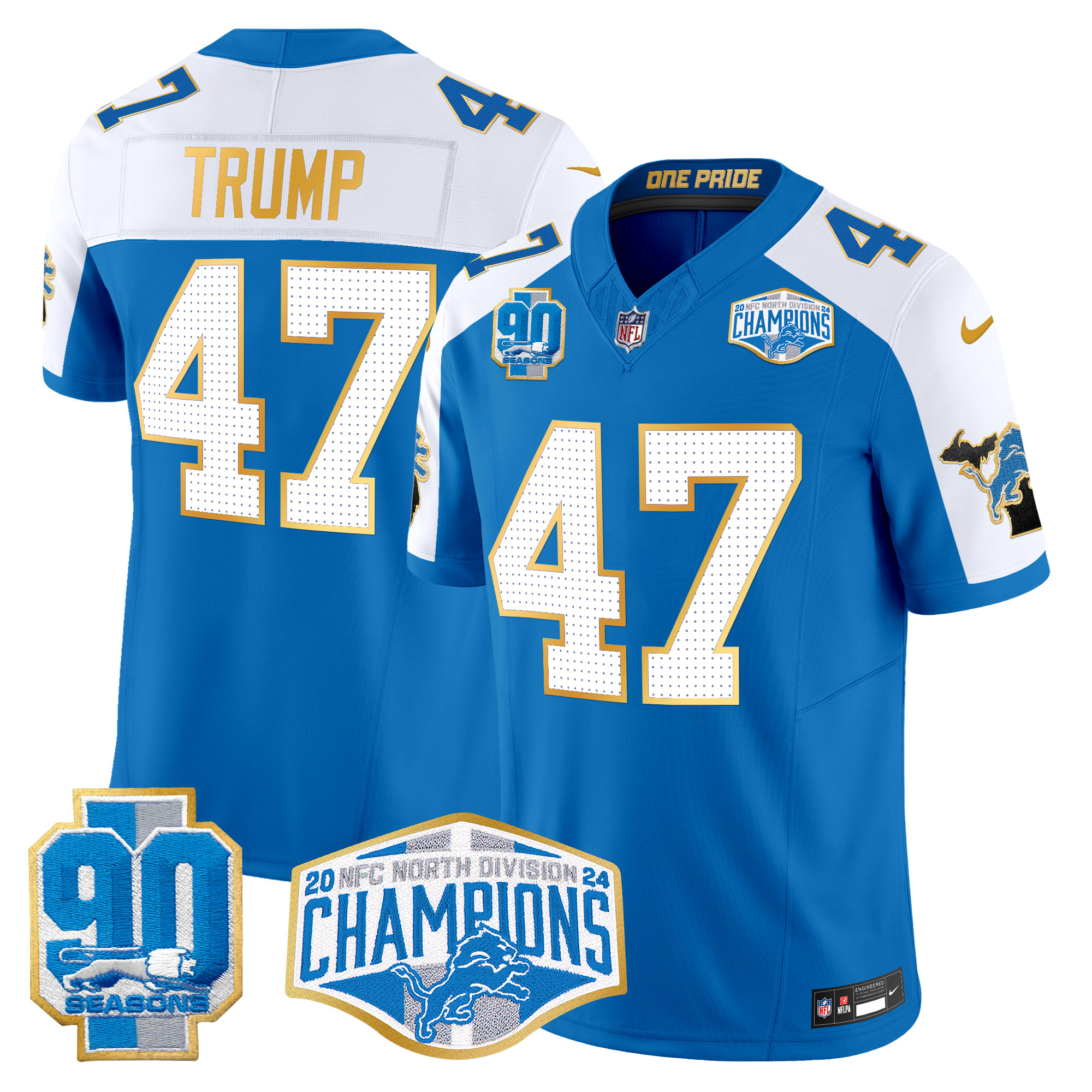 Men's Donald Trump Detroit Lions 2024 NFC North Division Champions Patch Gold Trim Vapor Limited Blue Alternate Jersey - All Stitched
