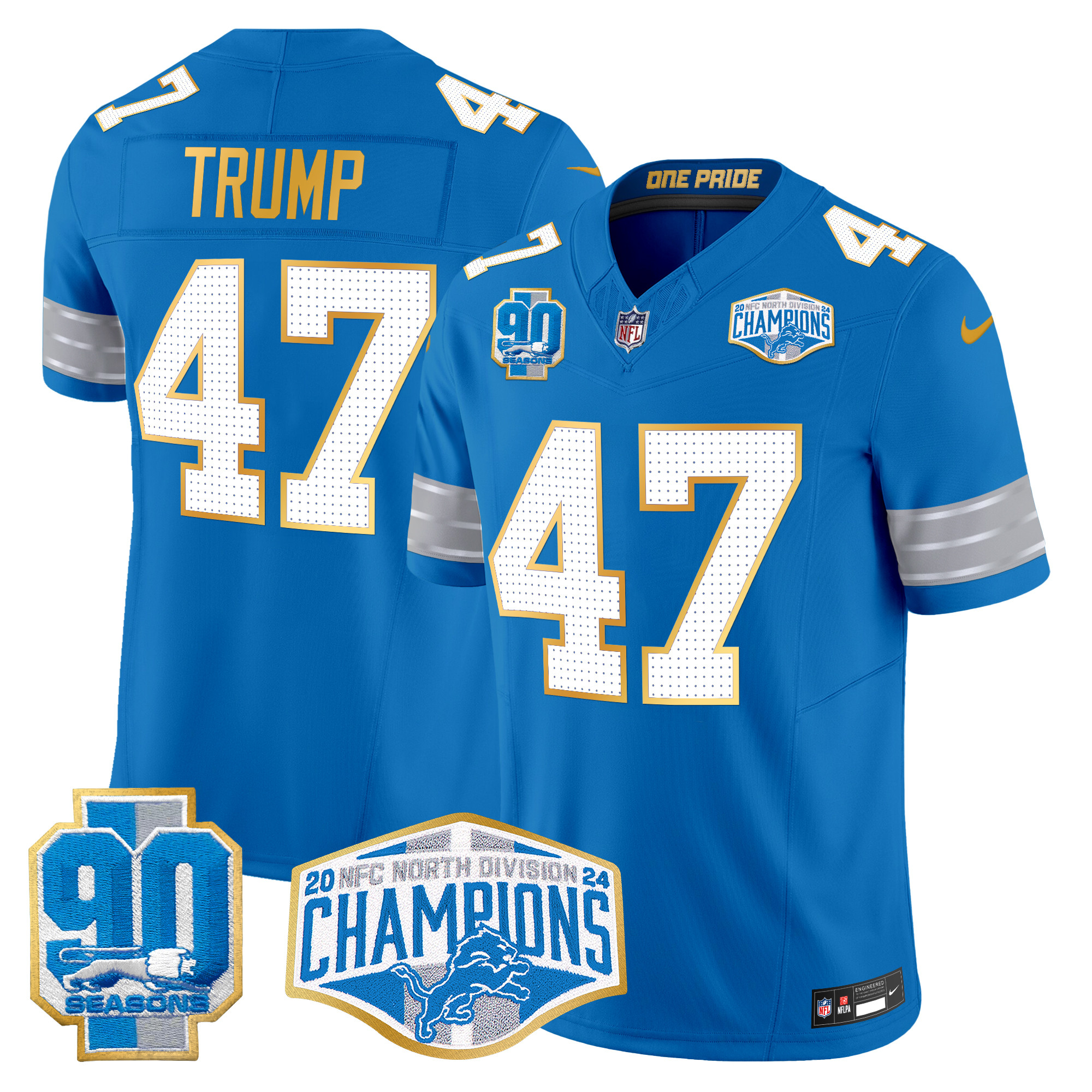 Men's Donald Trump Detroit Lions 2024 NFC North Division Champions Patch Gold Trim Vapor Limited Blue Jersey - All Stitched