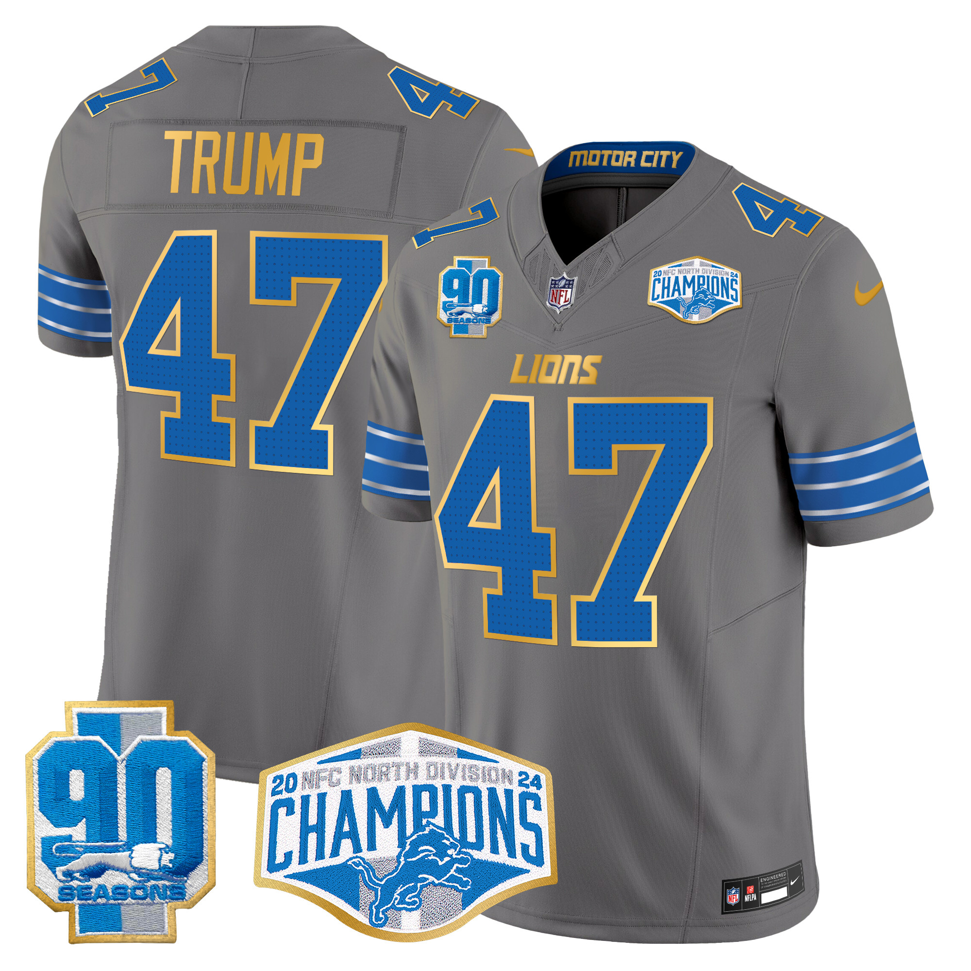 Men's Donald Trump Detroit Lions 2024 NFC North Division Champions Patch Gold Trim Vapor Limited Gray Jersey - All Stitched
