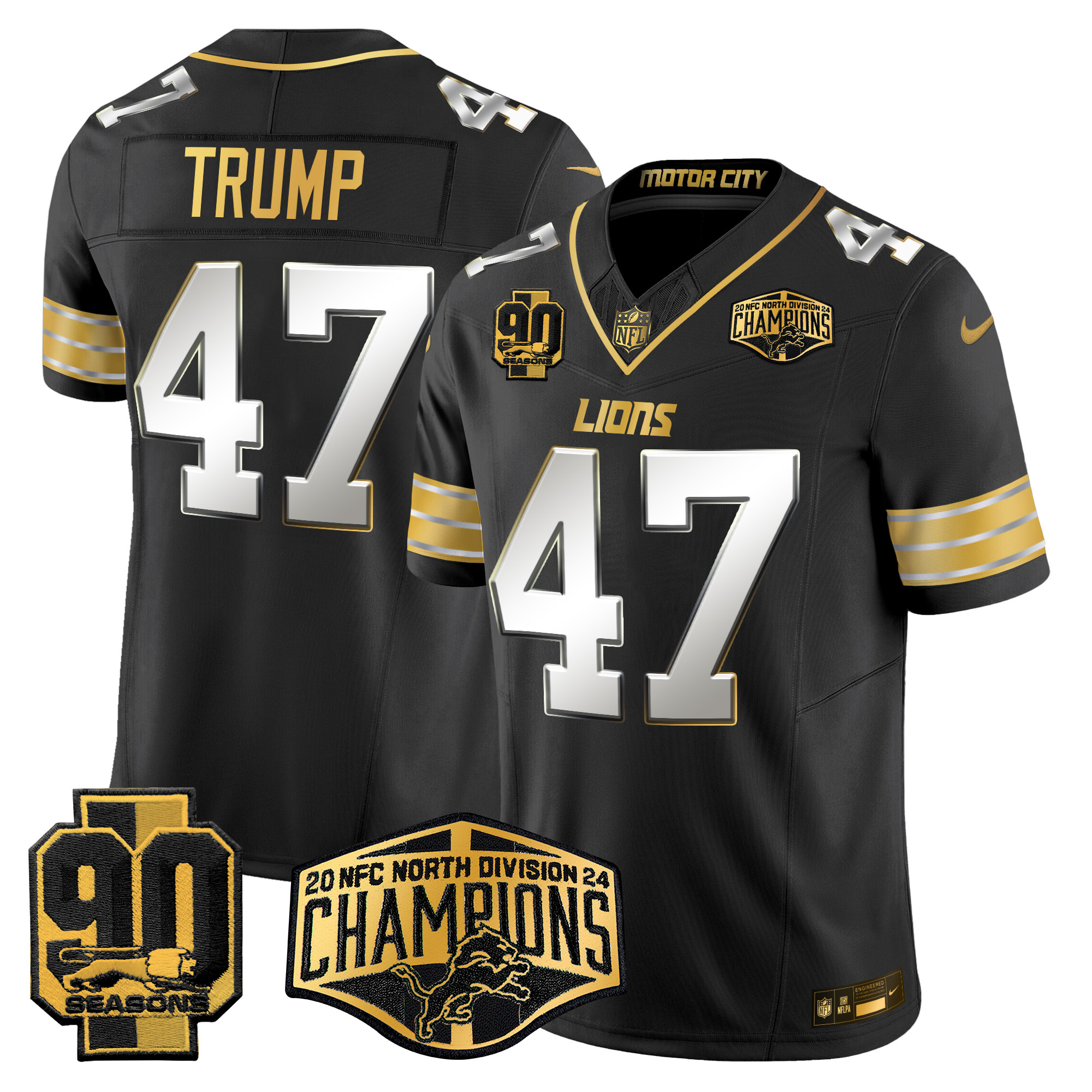 Men's Donald Trump Detroit Lions 2024 NFC North Division Champions Patch Gold Vapor Limited Black Limited Jersey - All Stitched