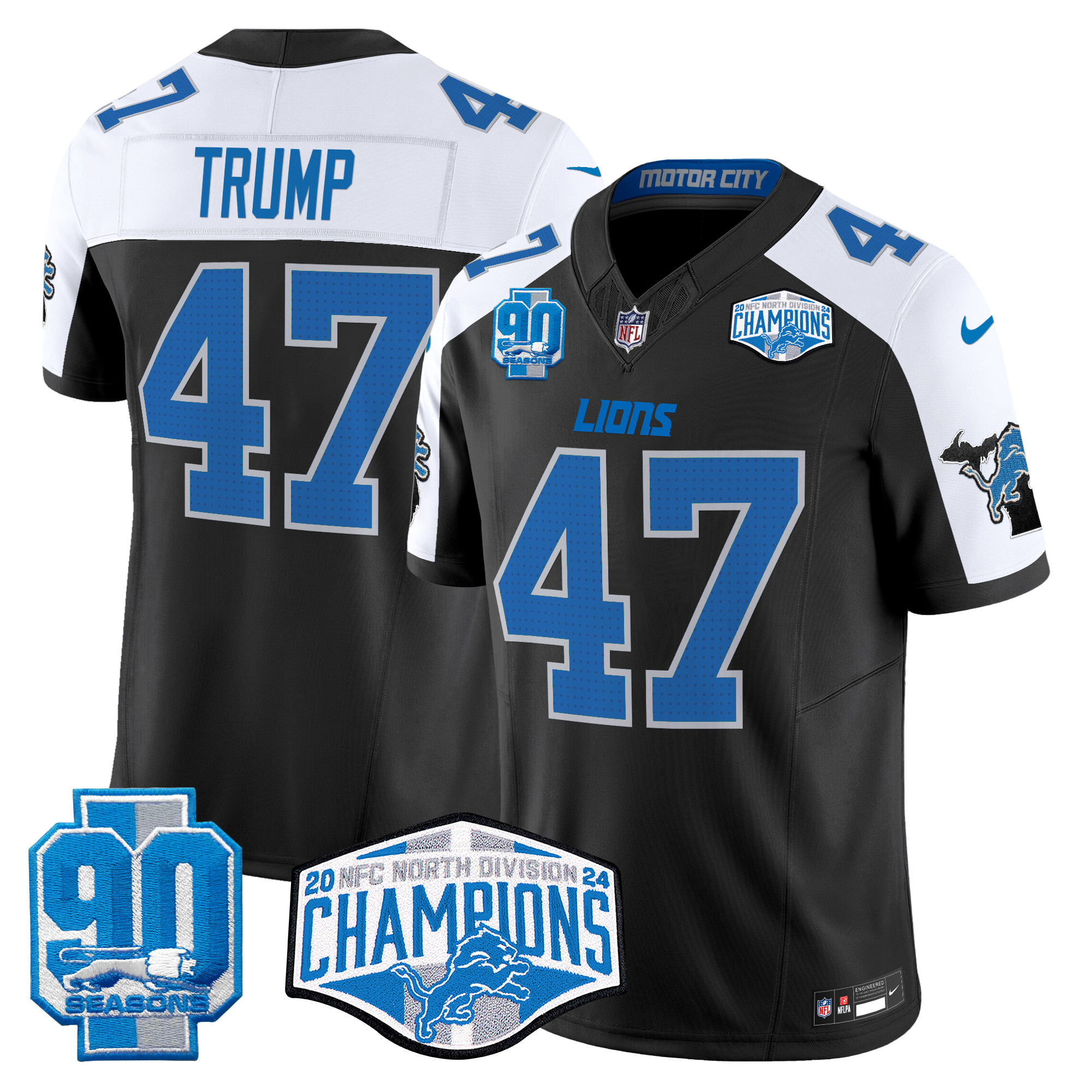 Men's Donald Trump Detroit Lions 2024 NFC North Division Champions Patch Vapor Limited Black Alternate Jersey - All Stitched