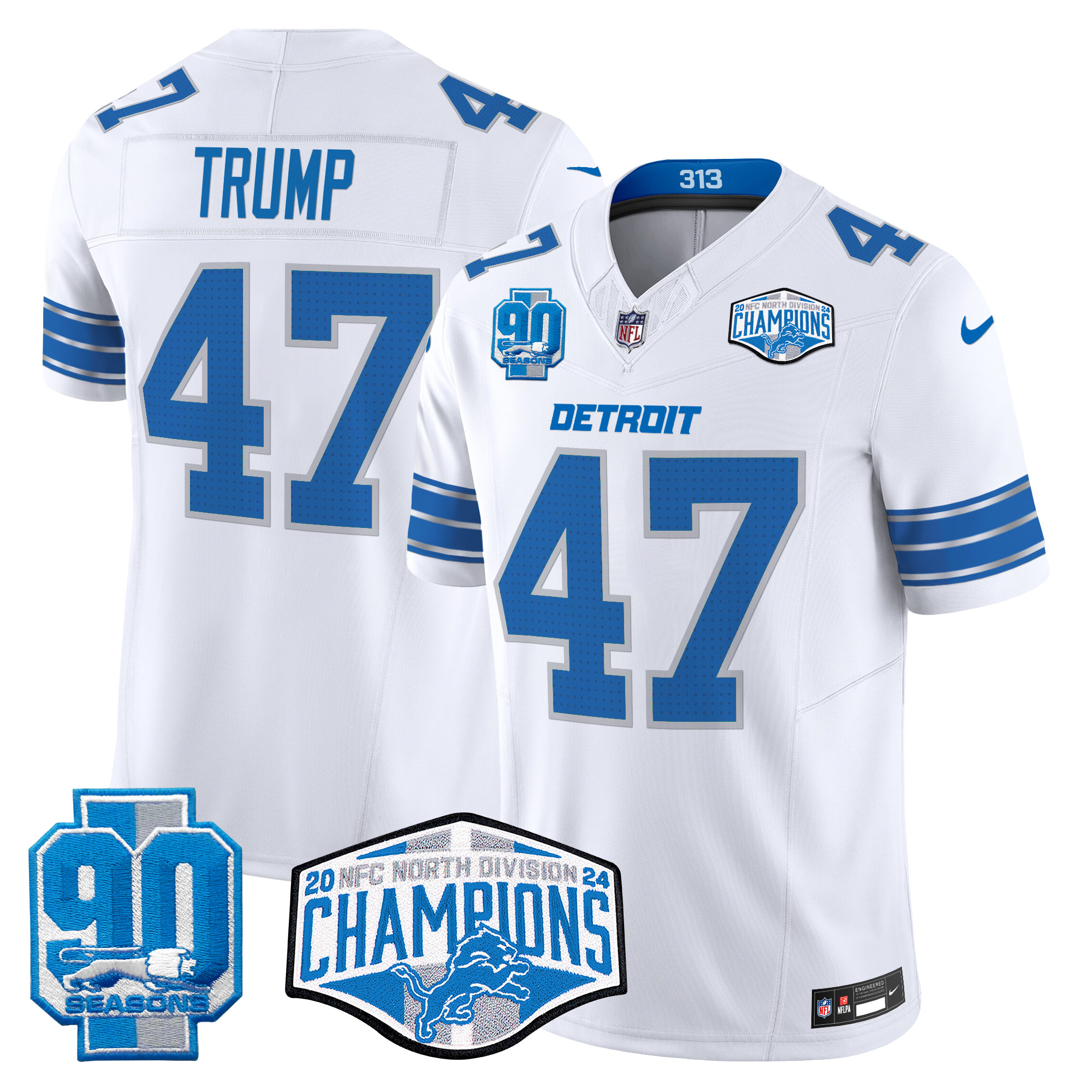 Men's Donald Trump Detroit Lions 2024 NFC North Division Champions Patch Vapor Limited White Jersey - All Stitched