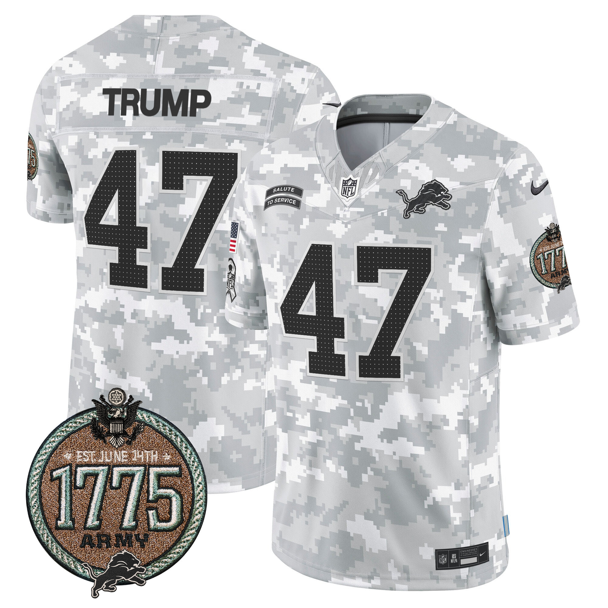 Men's Donald Trump Detroit Lions 2024 Salute to Service Establishment Year Patch Vapor Limited Army Jersey - All Stitched