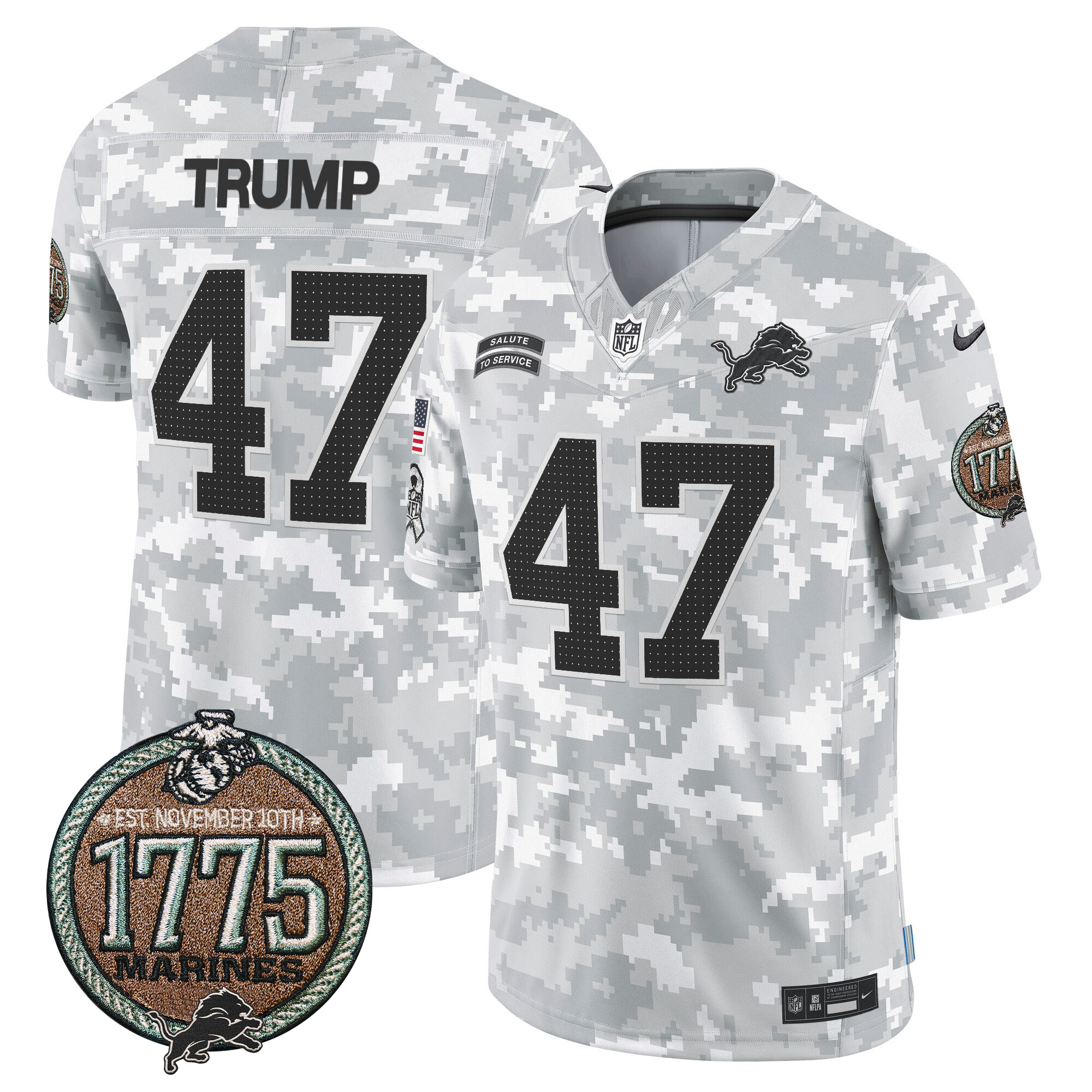 Men's Donald Trump Detroit Lions 2024 Salute to Service Establishment Year Patch Vapor Limited Marines Jersey - All Stitched