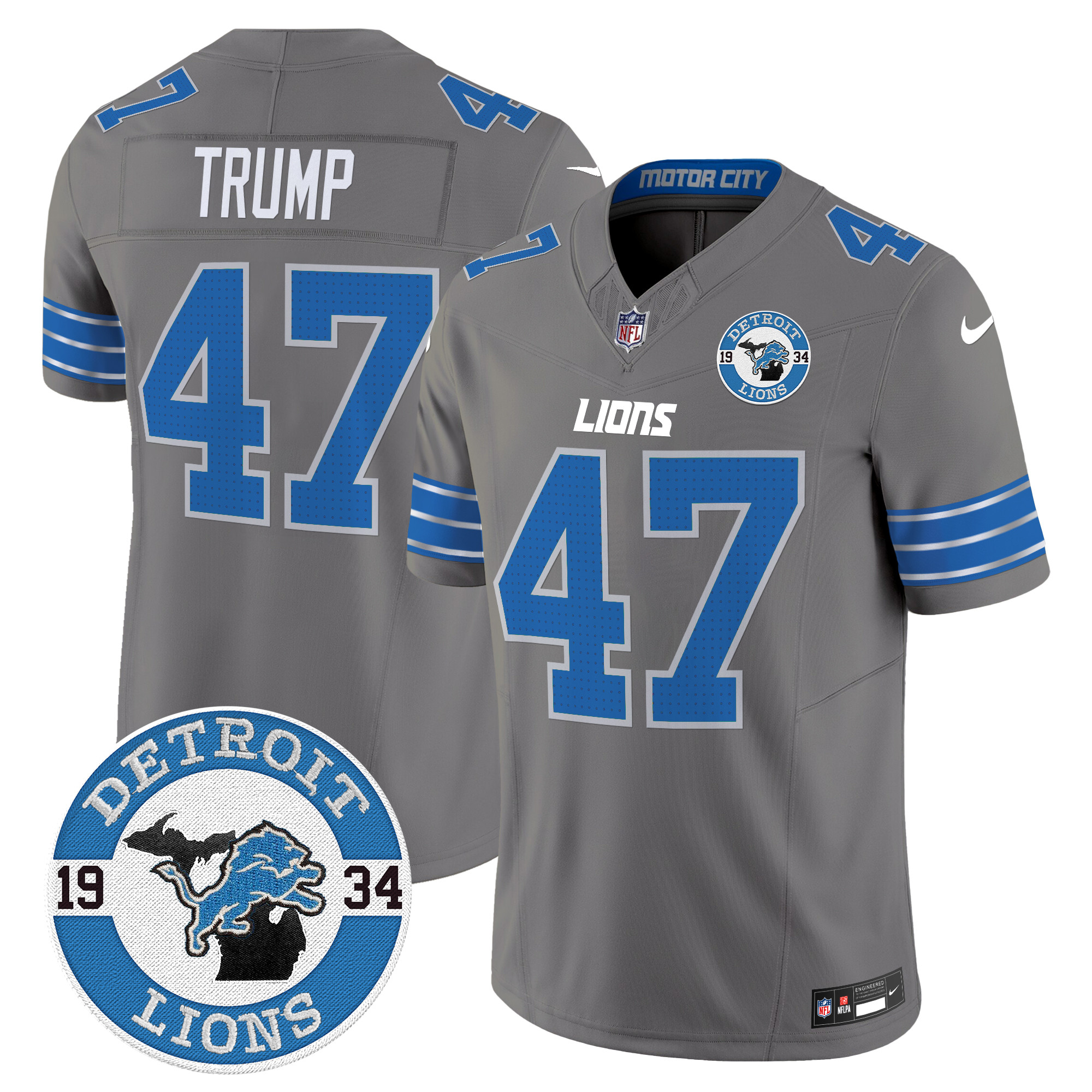 Men's Donald Trump Detroit Lions 2024 Vapor Limited Gray Jersey - All Stitched