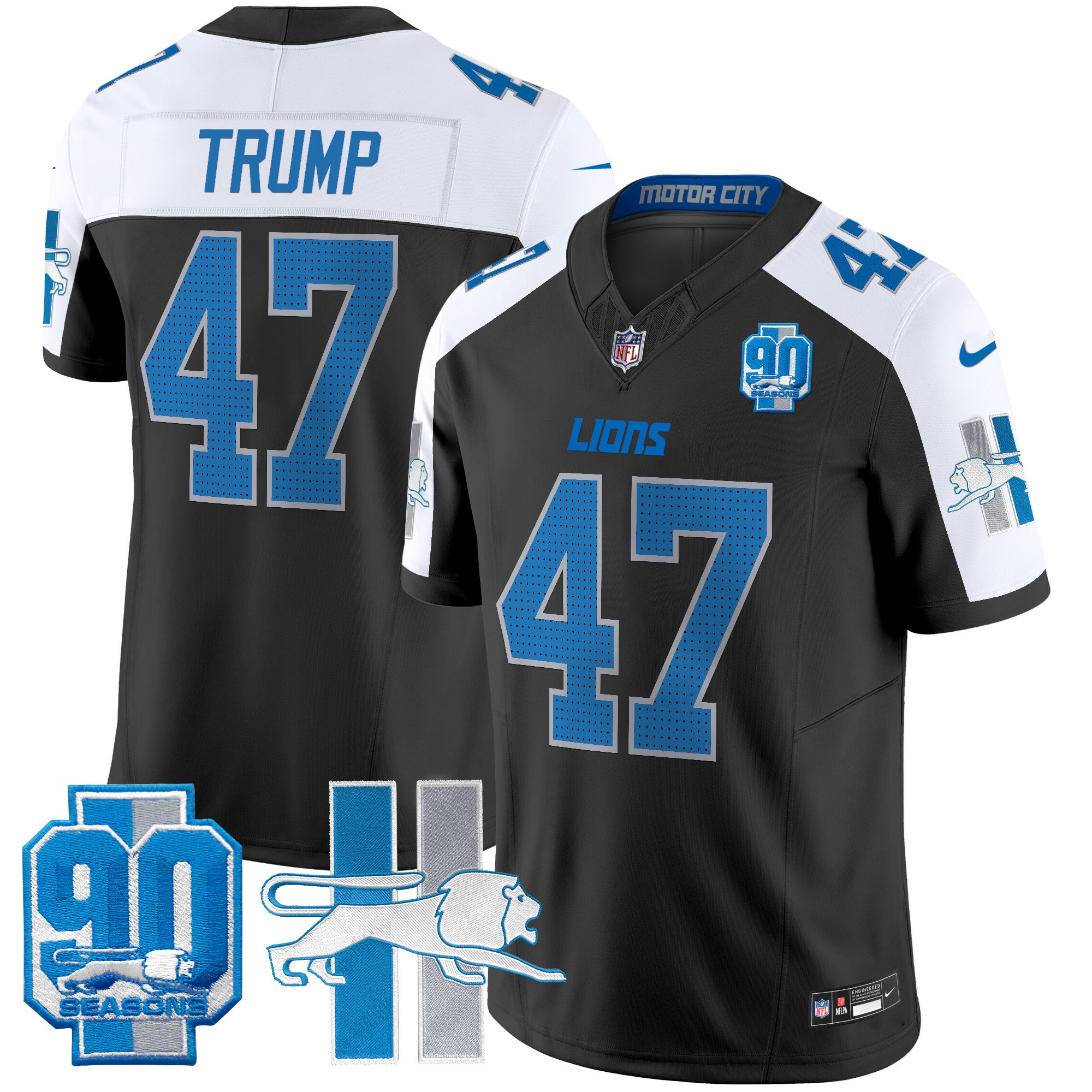 Men's Donald Trump Detroit Lions Throwback 90th Year Patch Vapor Limited Black Alternate Jersey - All Stitched