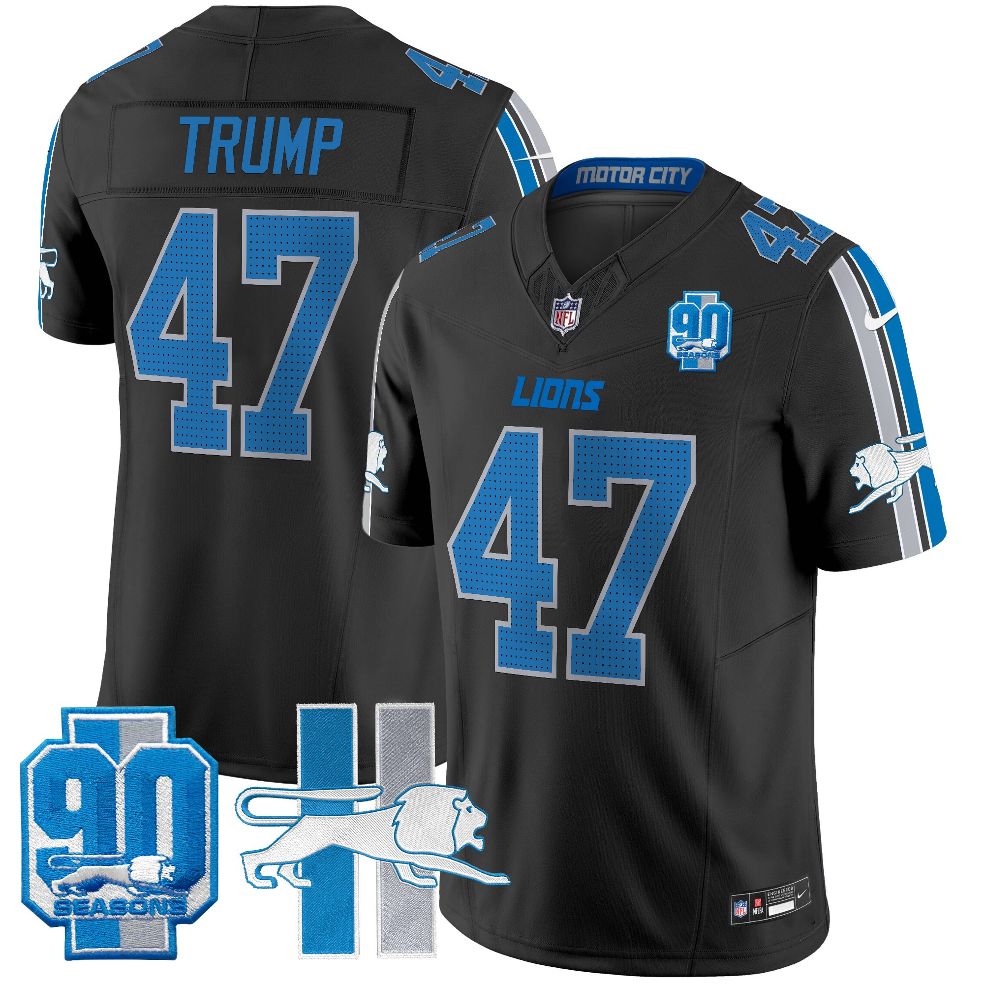 Men's Donald Trump Detroit Lions Throwback 90th Year Patch Vapor Limited Black Jersey - All Stitched