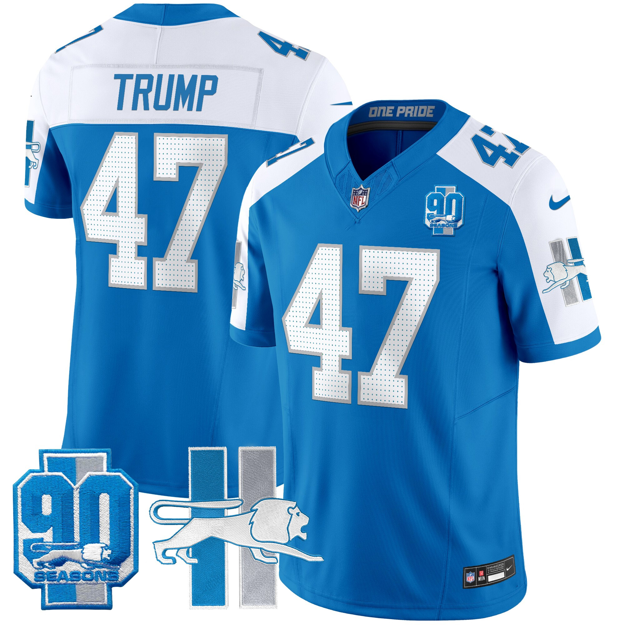 Men's Donald Trump Detroit Lions Throwback 90th Year Patch Vapor Limited Blue Alternate Jersey - All Stitched