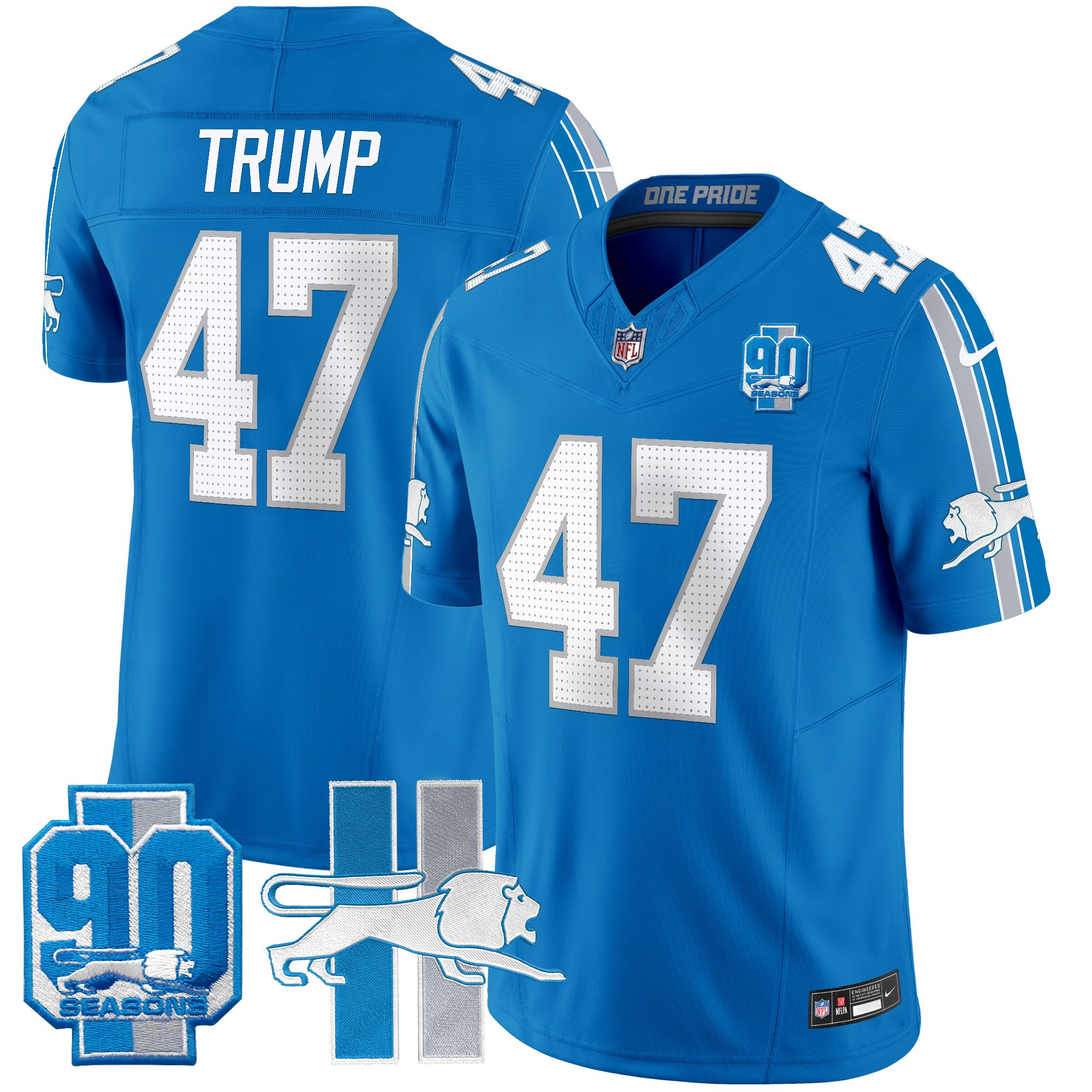 Men's Donald Trump Detroit Lions Throwback 90th Year Patch Vapor Limited Blue Jersey - All Stitched