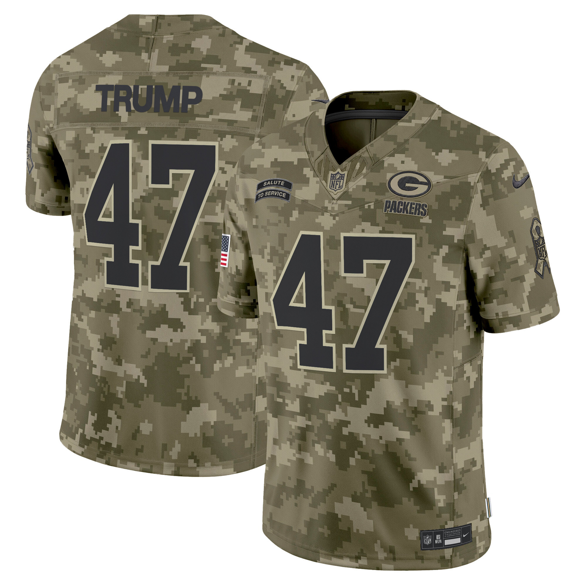 Men's Donald Trump Green Bay Packers 2024 Salute to Service Vapor Limited Olive Camo Jersey - All Stitched