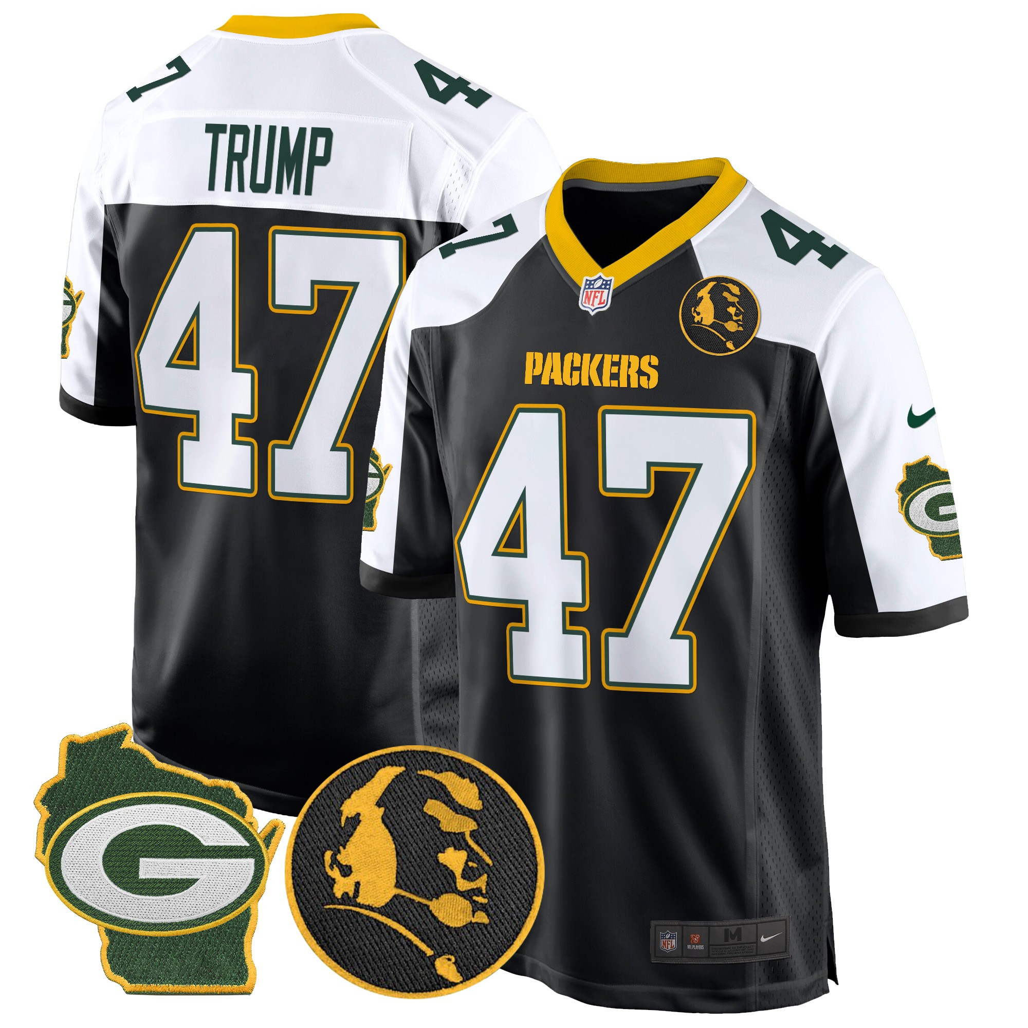 Men's Donald Trump Green Bay Packers John Madden & Home Patch Game Black Alternate Jersey - All Stitched