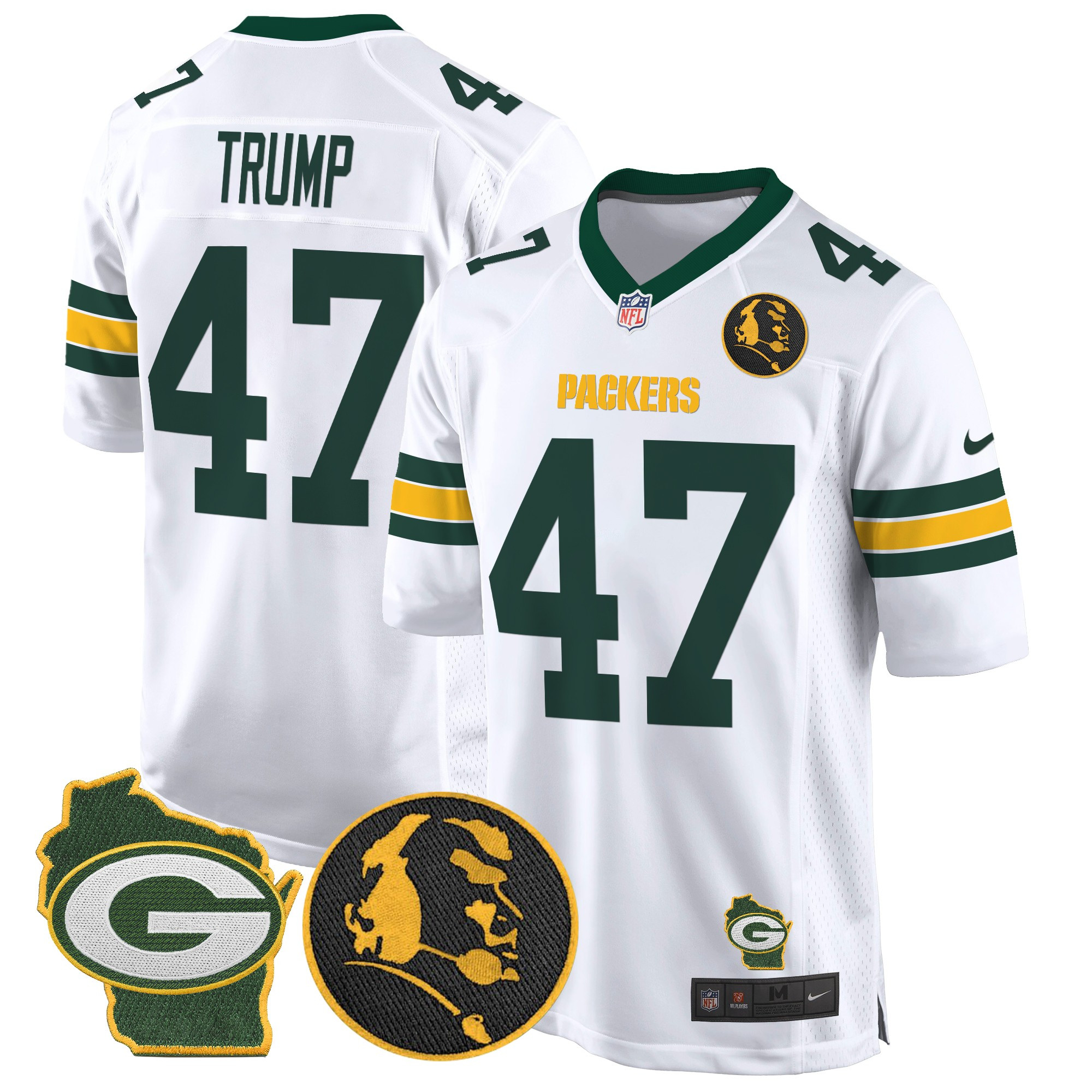 Men's Donald Trump Green Bay Packers John Madden & Home Patch Game White Jersey - All Stitched