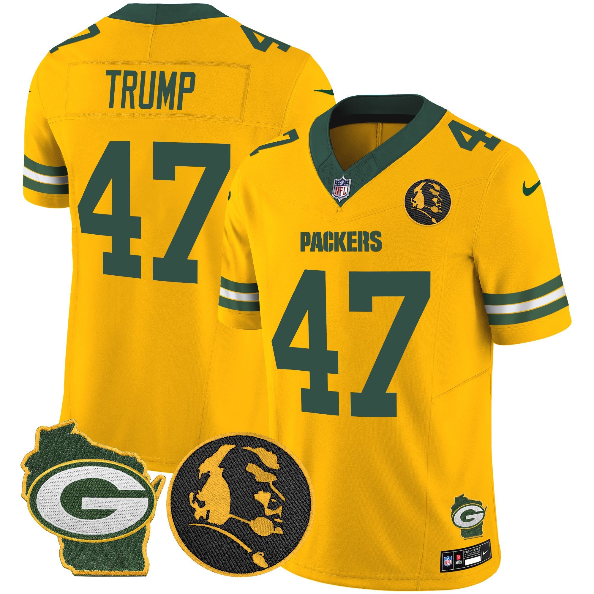 Men's Donald Trump Green Bay Packers John Madden & Home Patch Vapor Limited Gold Jersey - All Stitched